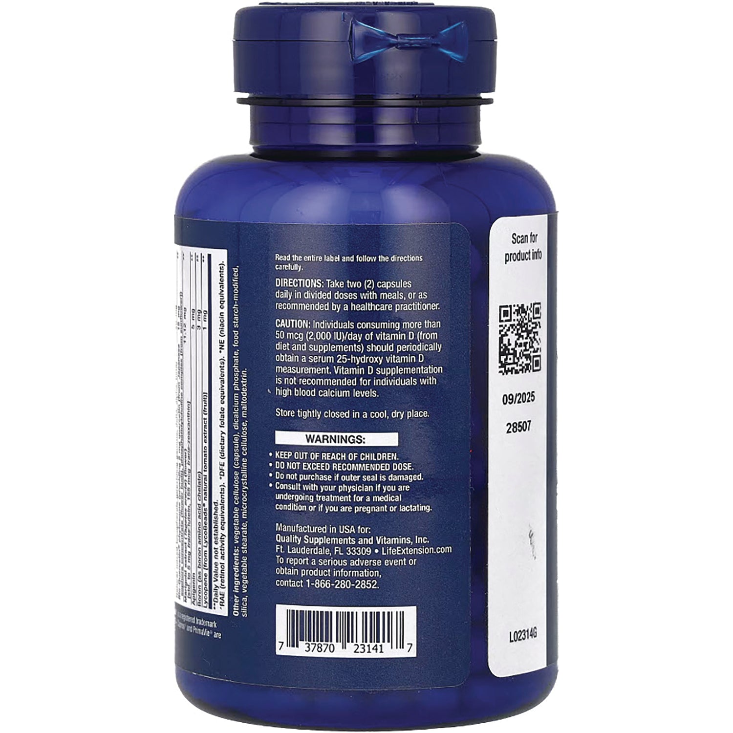 LE562 | Back of blue supplement bottle showing directions, warnings, barcode and QR code