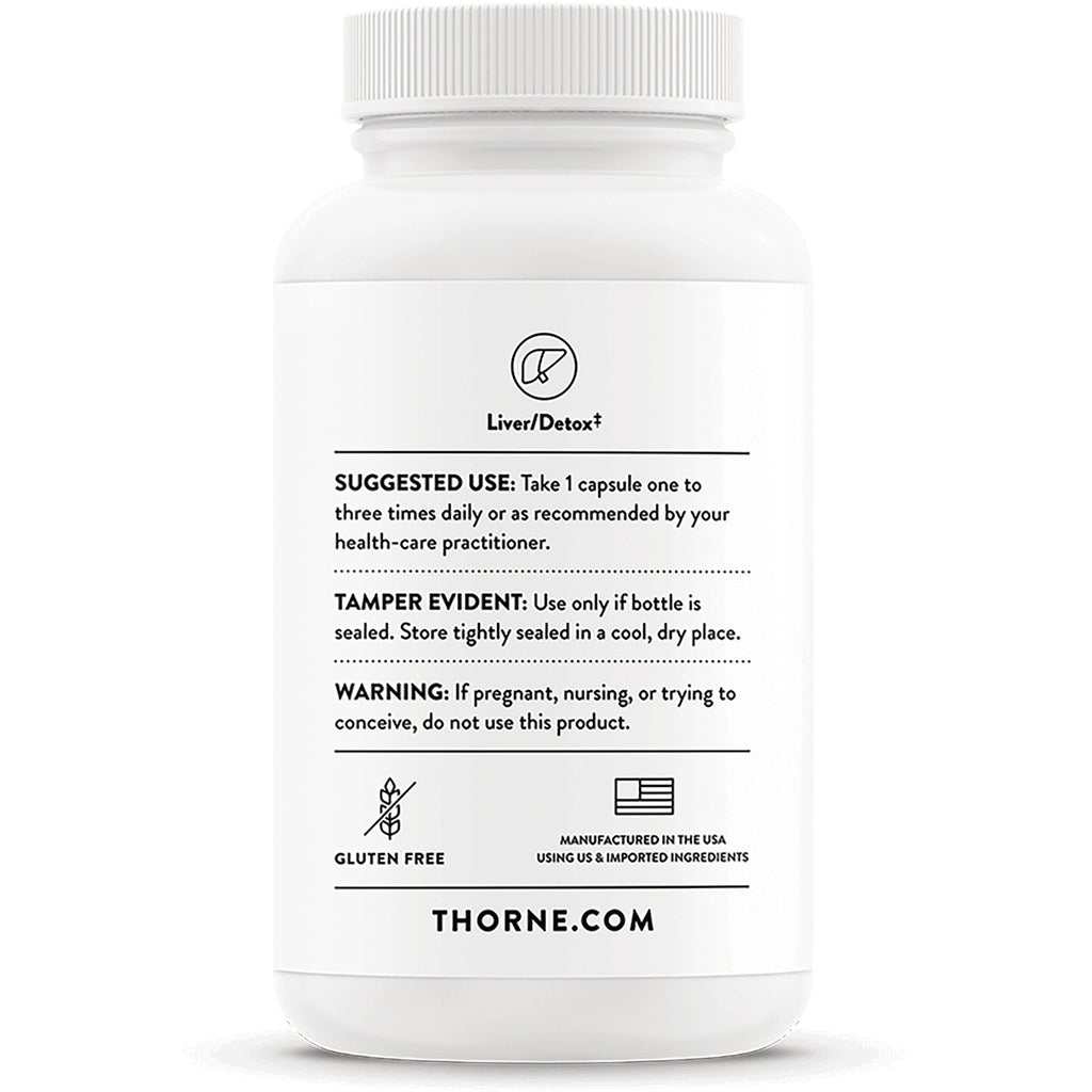 TRN029 | Supplement bottle back label with Liver/Detox, Suggested Use, Tamper Evident, Warning, Gluten Free icon, THORNE.COM - Thumbnail