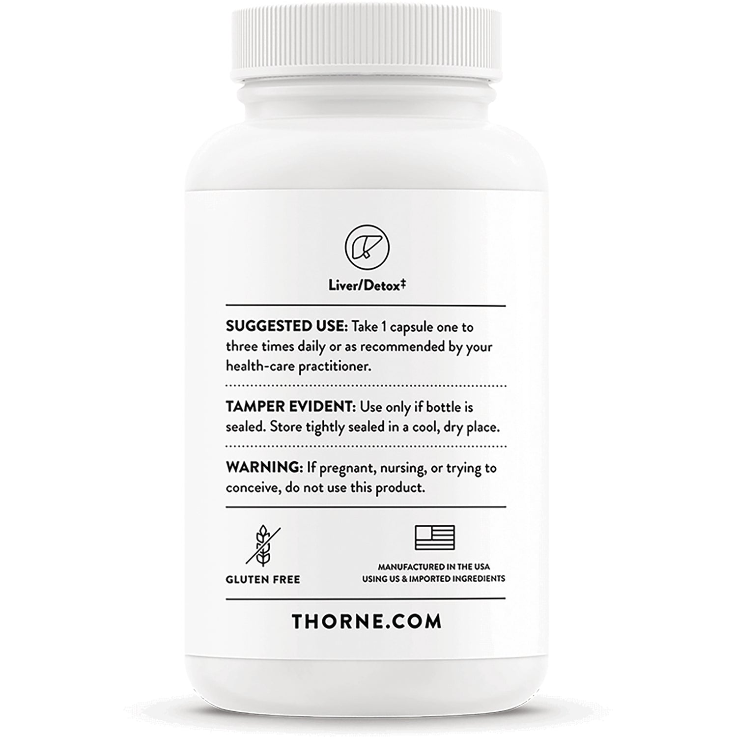 TRN029 | Supplement bottle back label with Liver/Detox, Suggested Use, Tamper Evident, Warning, Gluten Free icon, THORNE.COM