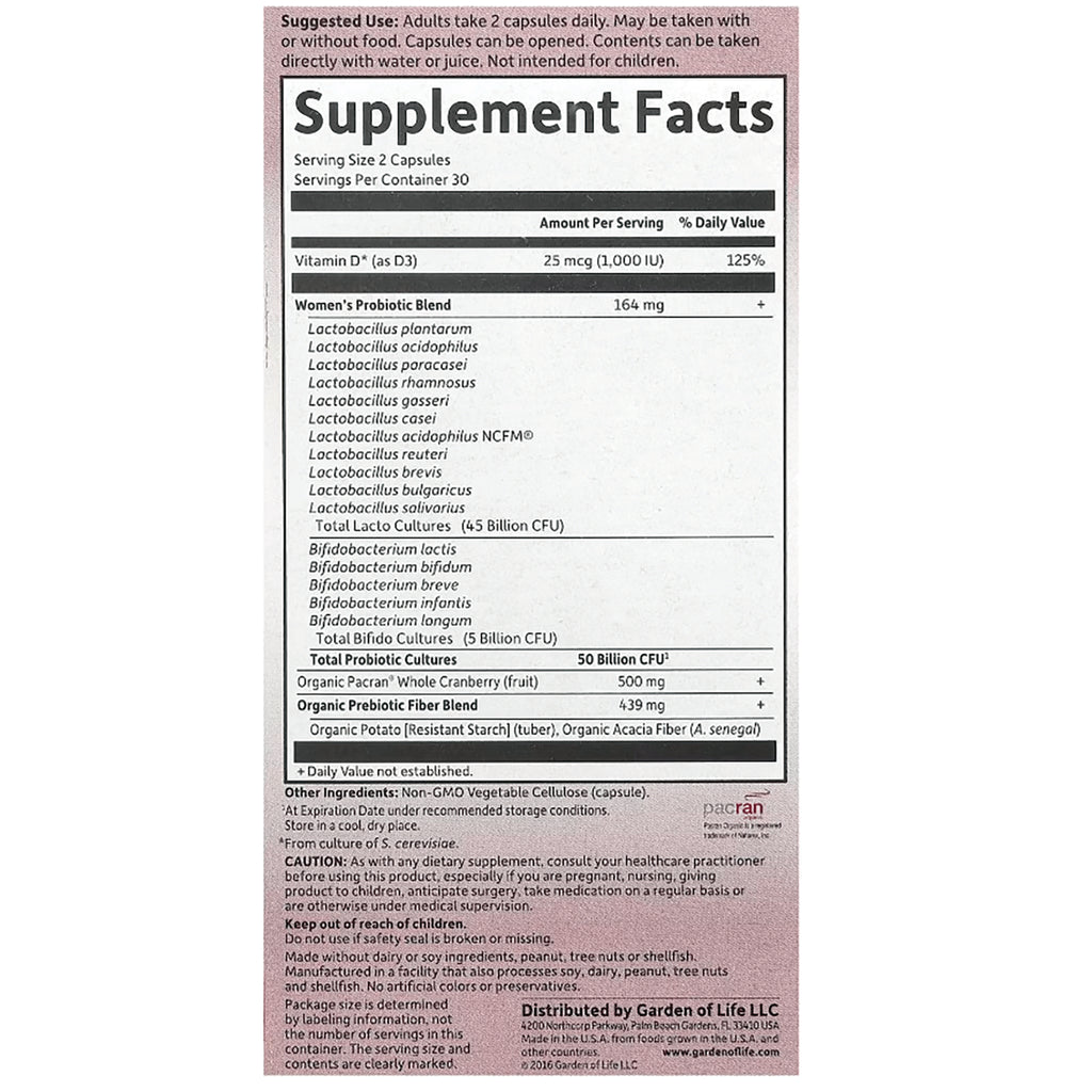 GLF221 | Supplement Facts panel showing serving size, Vitamin D and a women's probiotic blend listing strains and CFU counts - Thumbnail