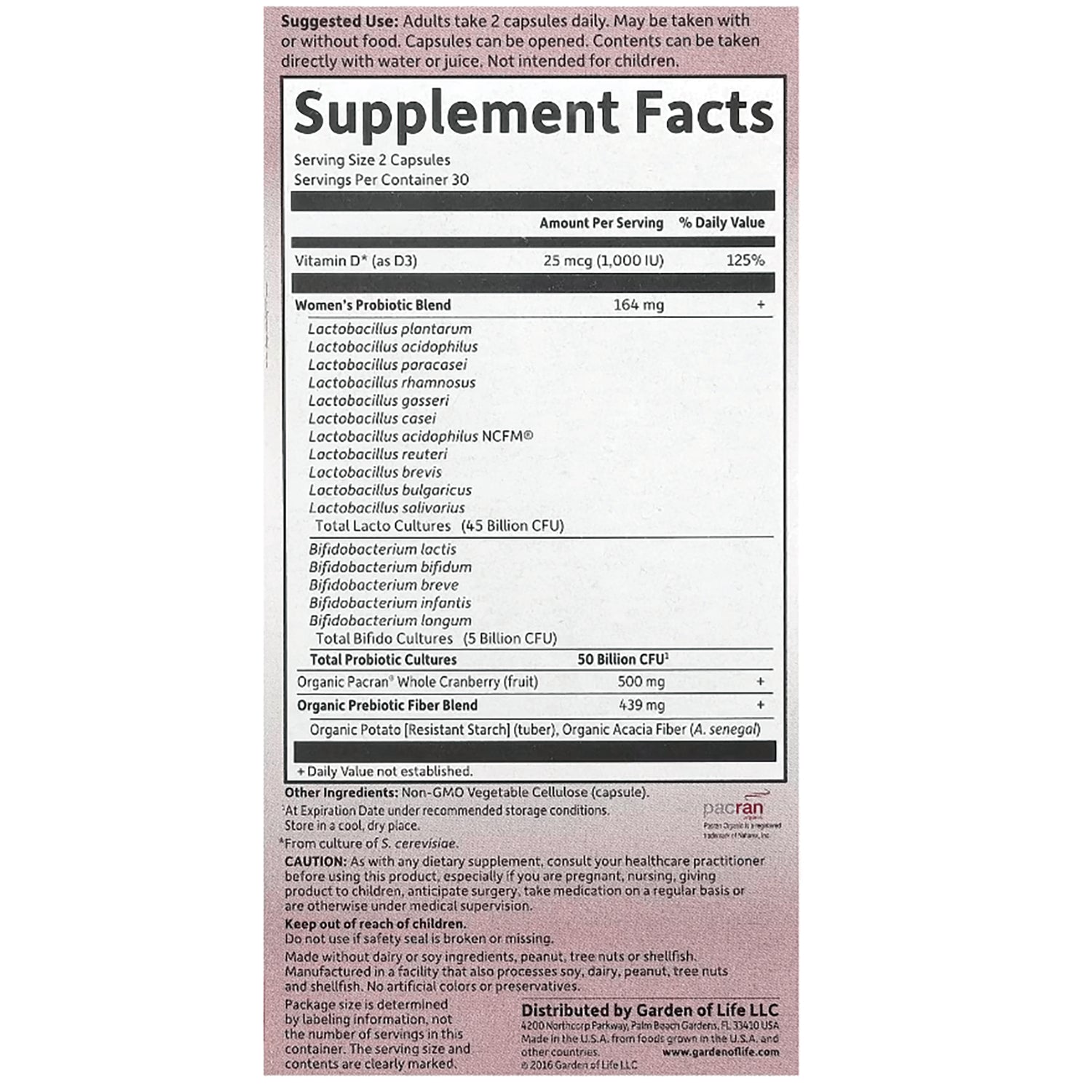 GLF221 | Supplement Facts panel showing serving size, Vitamin D and a women's probiotic blend listing strains and CFU counts