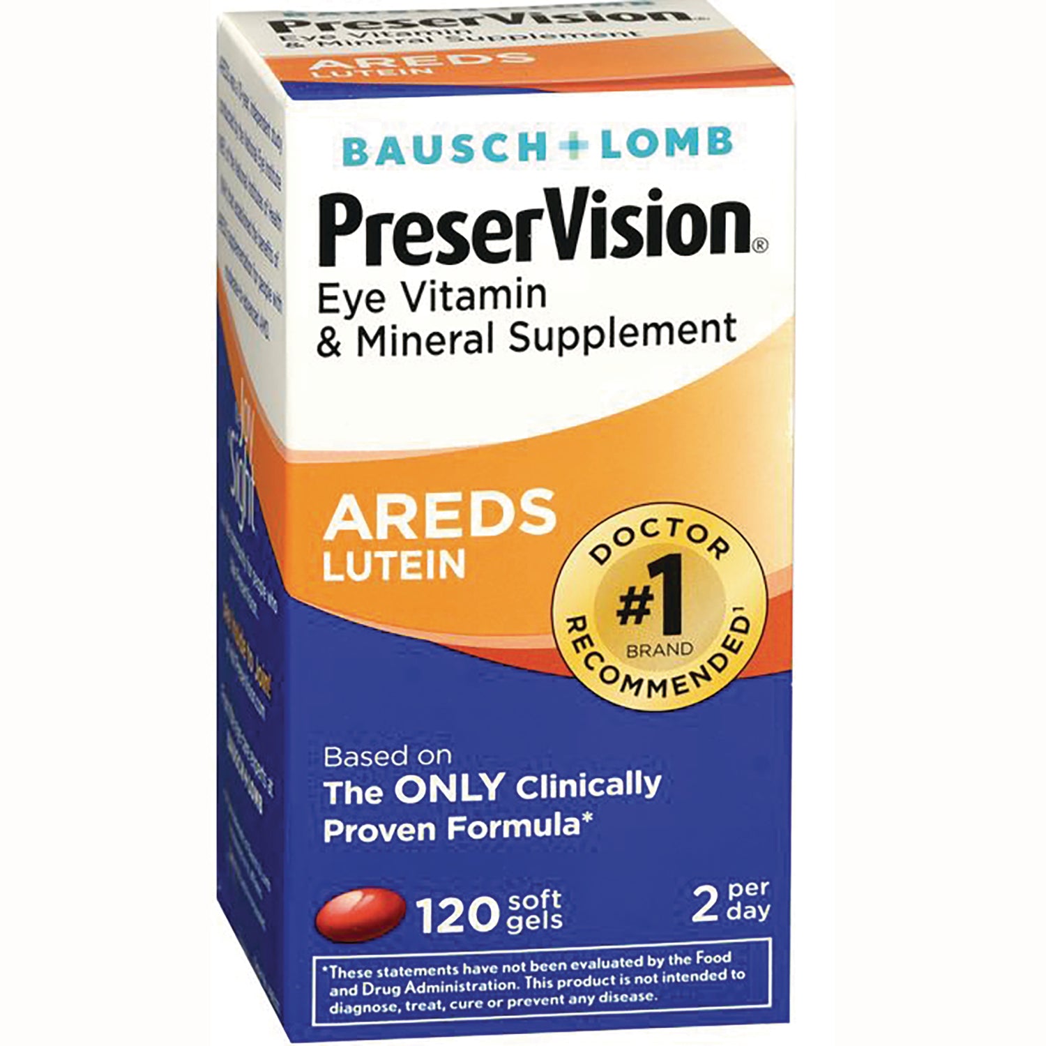 BNL023 | Bausch+Lomb PreserVision AREDS Lutein eye vitamin box showing 120 soft gels and 2 per day