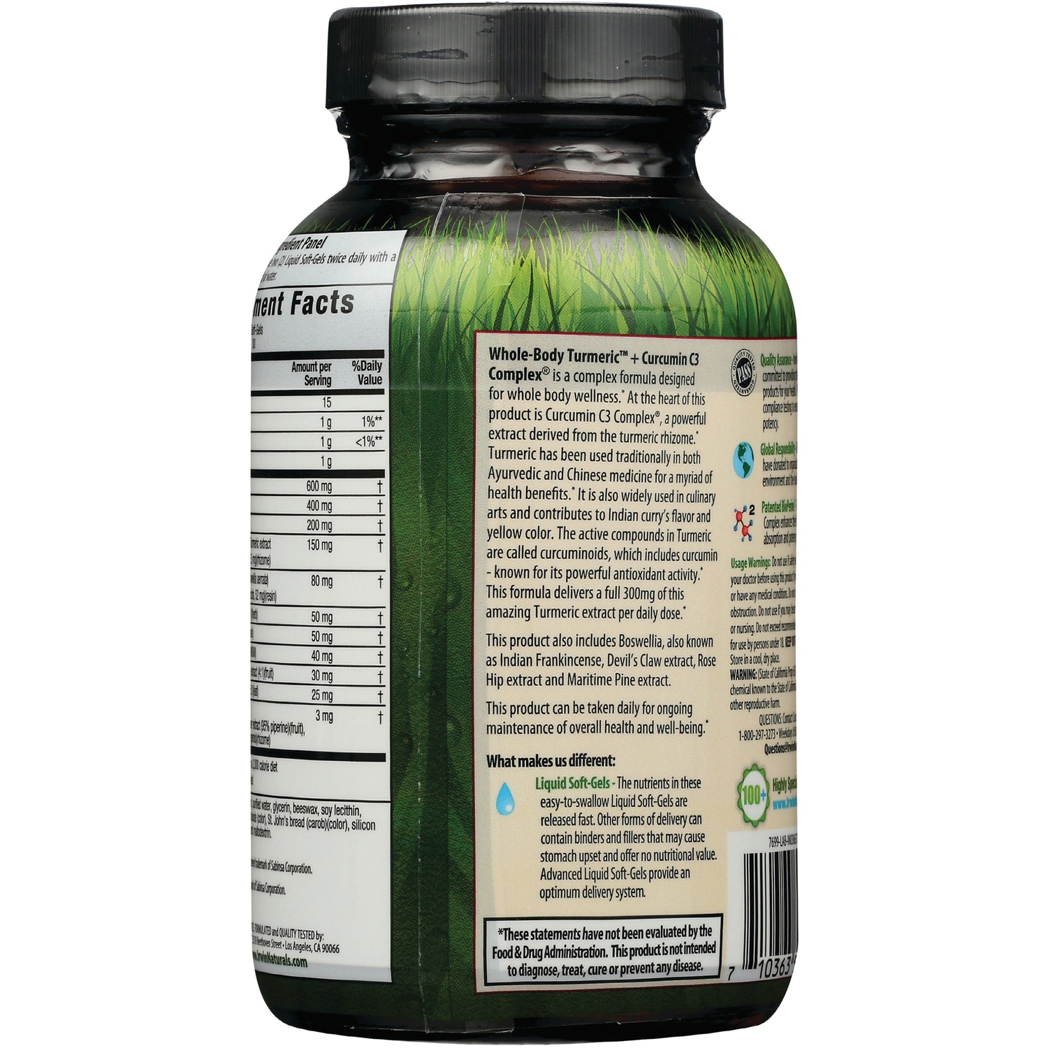 Back label of supplement bottle showing supplement facts panel and product description about turmeric