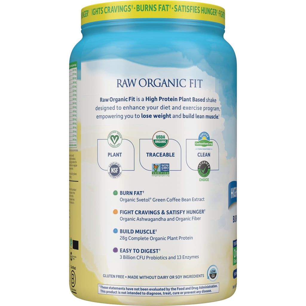 GLF243 | Back label of Raw Organic Fit jar listing benefits burn fat fight cravings build muscle easy to digest and certification icons - Thumbnail