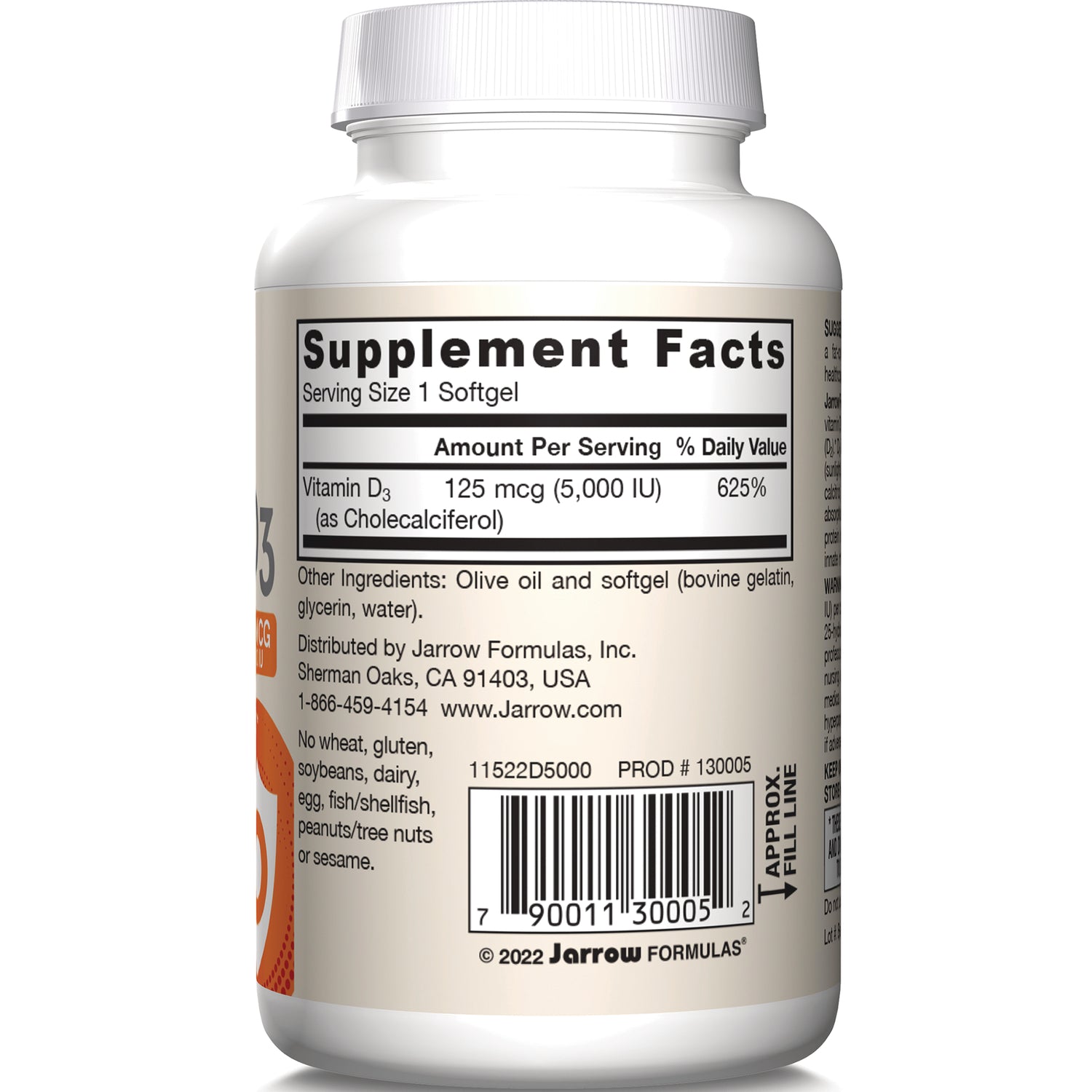 JR173 | back of supplement bottle showing Supplement Facts label with Vitamin D3 125 mcg (5,000 IU), ingredients and barcode