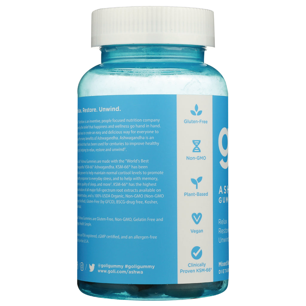 GOL003 | Back label of blue supplement bottle showing icons and text including Gluten-Free, Non-GMO, Plant-Based, Vegan, Clinically Proven KSM-66 - Thumbnail