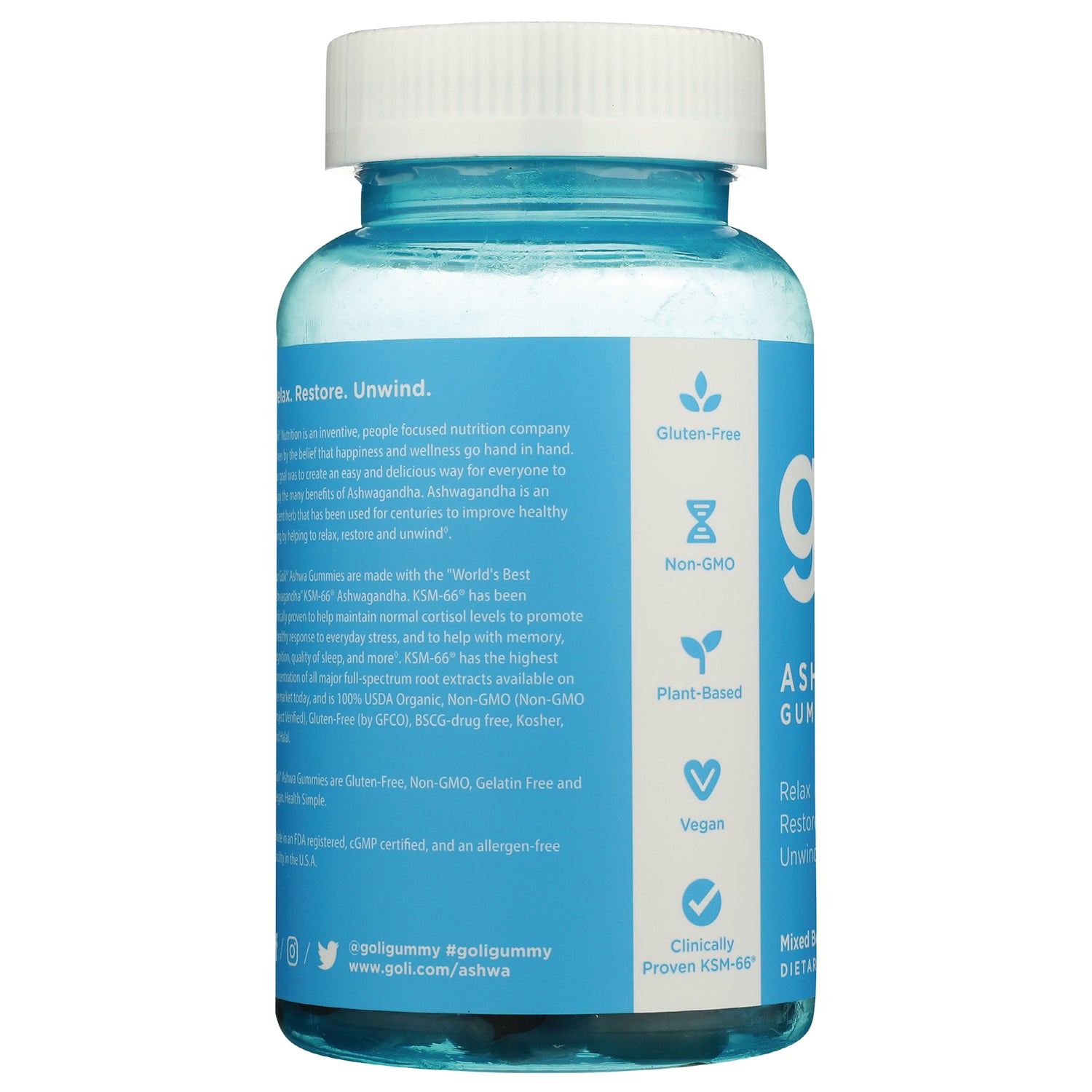 GOL003 | Back label of blue supplement bottle showing icons and text including Gluten-Free, Non-GMO, Plant-Based, Vegan, Clinically Proven KSM-66