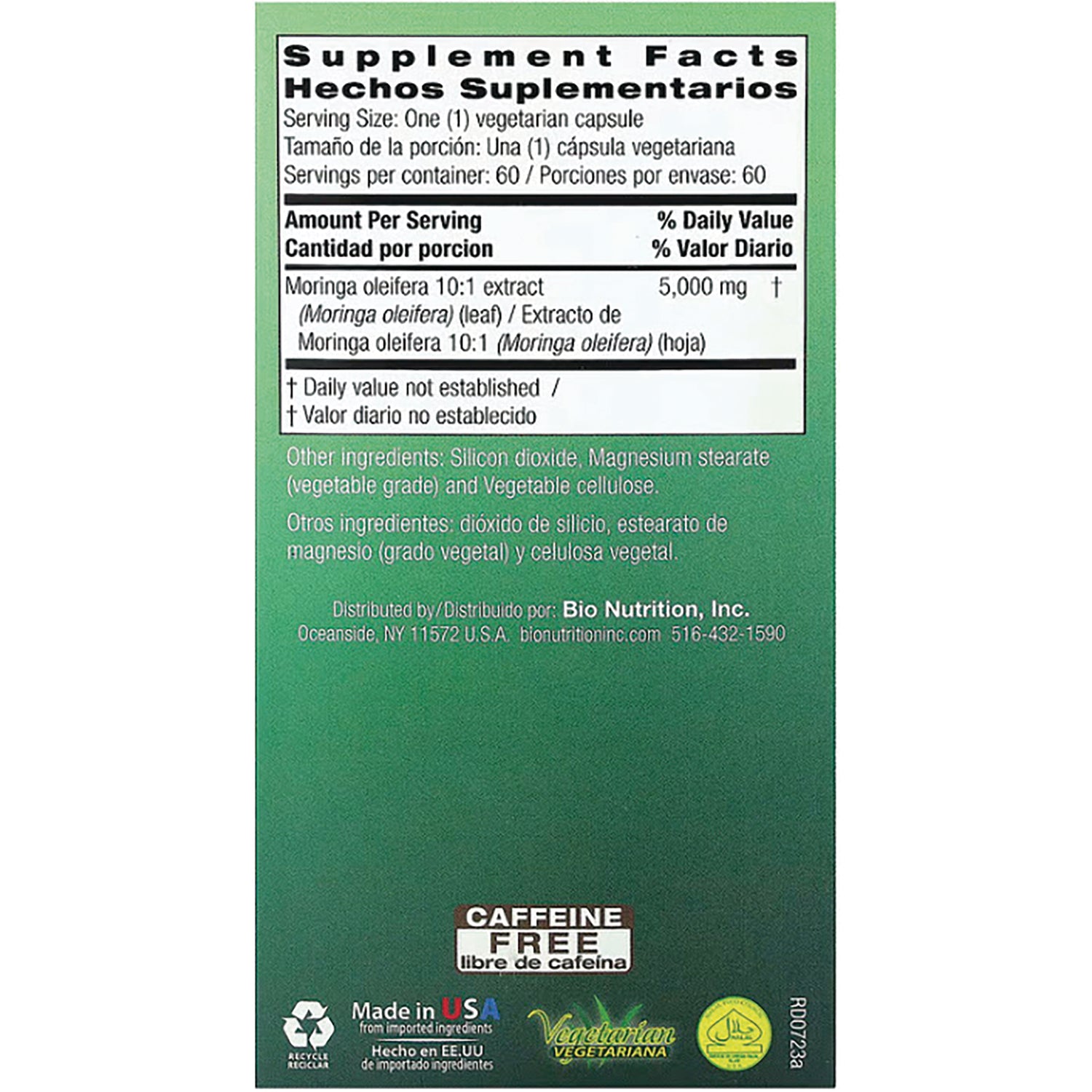 BNN011 | back panel showing Supplement Facts, Moringa 10:1 extract 5,000 mg, ingredients and certification logos