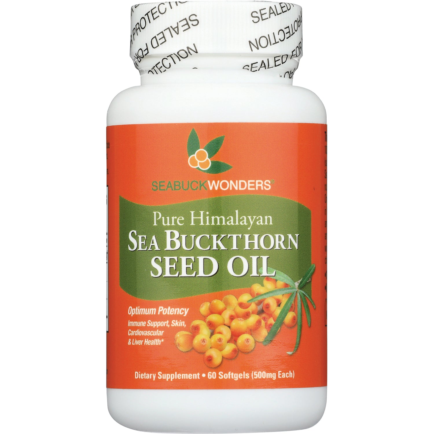 SBW003 | SeabuckWonders Pure Himalayan Sea Buckthorn Seed Oil bottle front label, 60 softgels