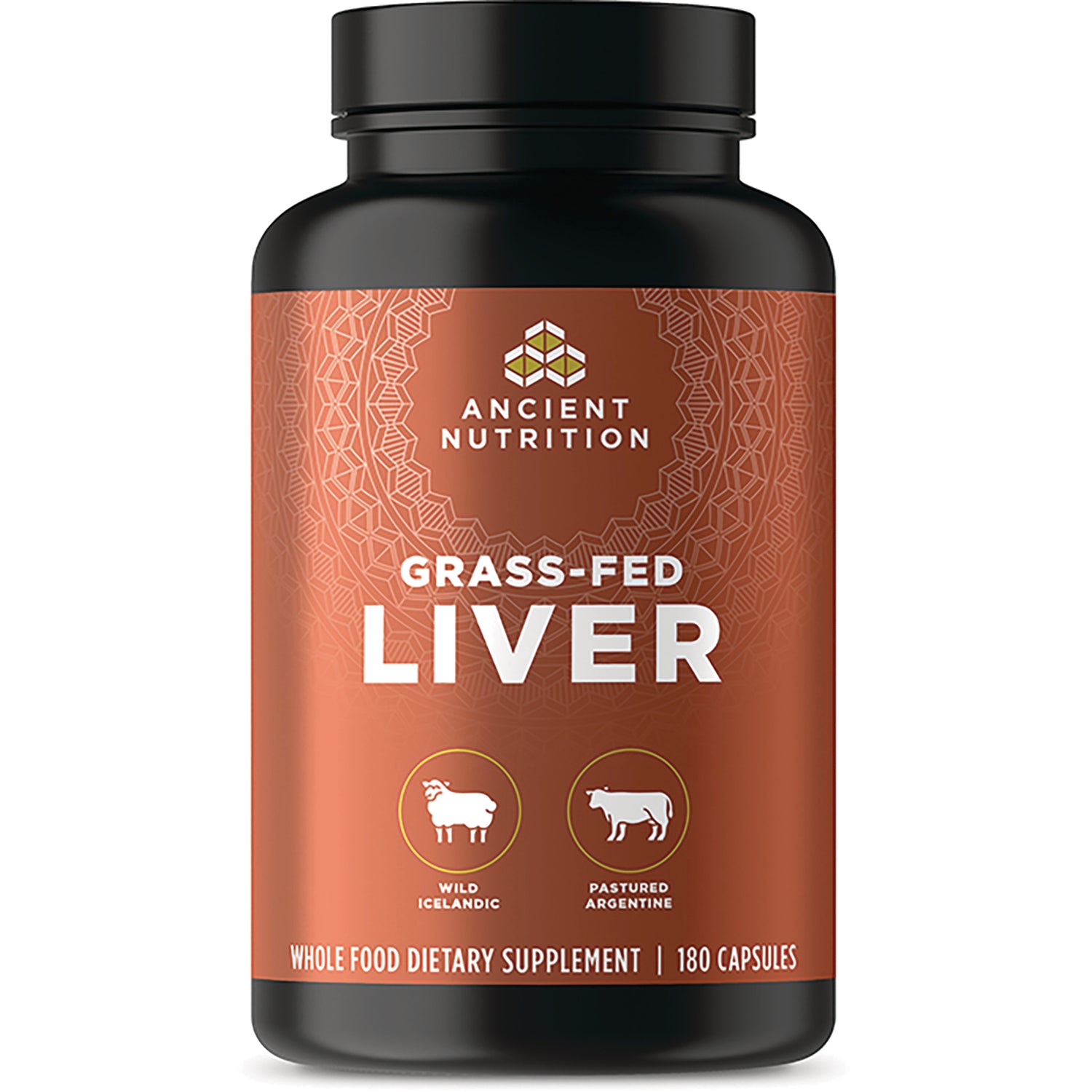 ATN098 | Ancient Nutrition Grass-Fed Liver supplement bottle front label, 180 capsules
