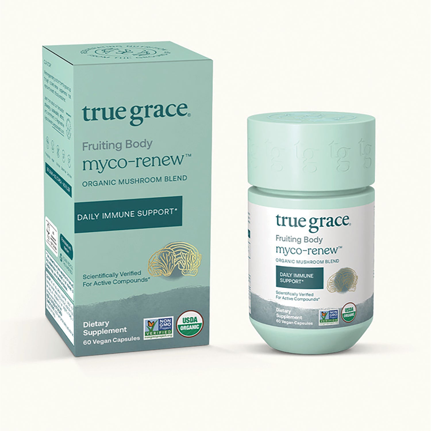 TG006 | True Grace myco-renew Fruiting Body organic mushroom blend, front box and bottle, Daily Immune Support, 60 vegan capsules