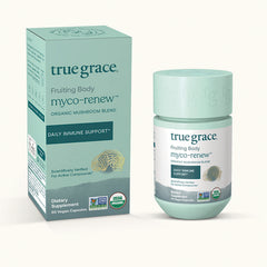 TG006 | True Grace myco-renew Fruiting Body organic mushroom blend, front box and bottle, Daily Immune Support, 60 vegan capsules