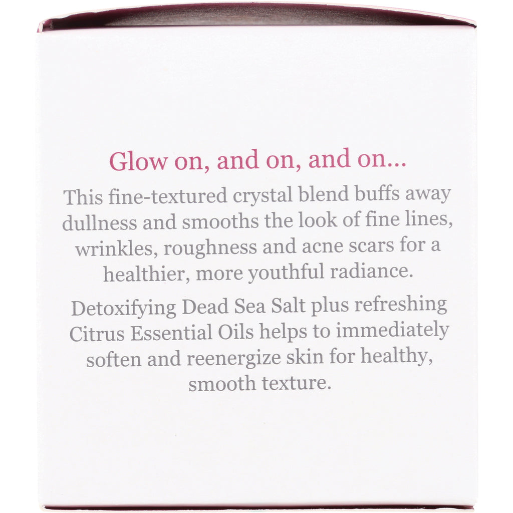 DE020 | Product infographic with heading Glow on, and on, and on... describing crystal blend with Dead Sea Salt and citrus oils to smooth and reenergize skin - Thumbnail