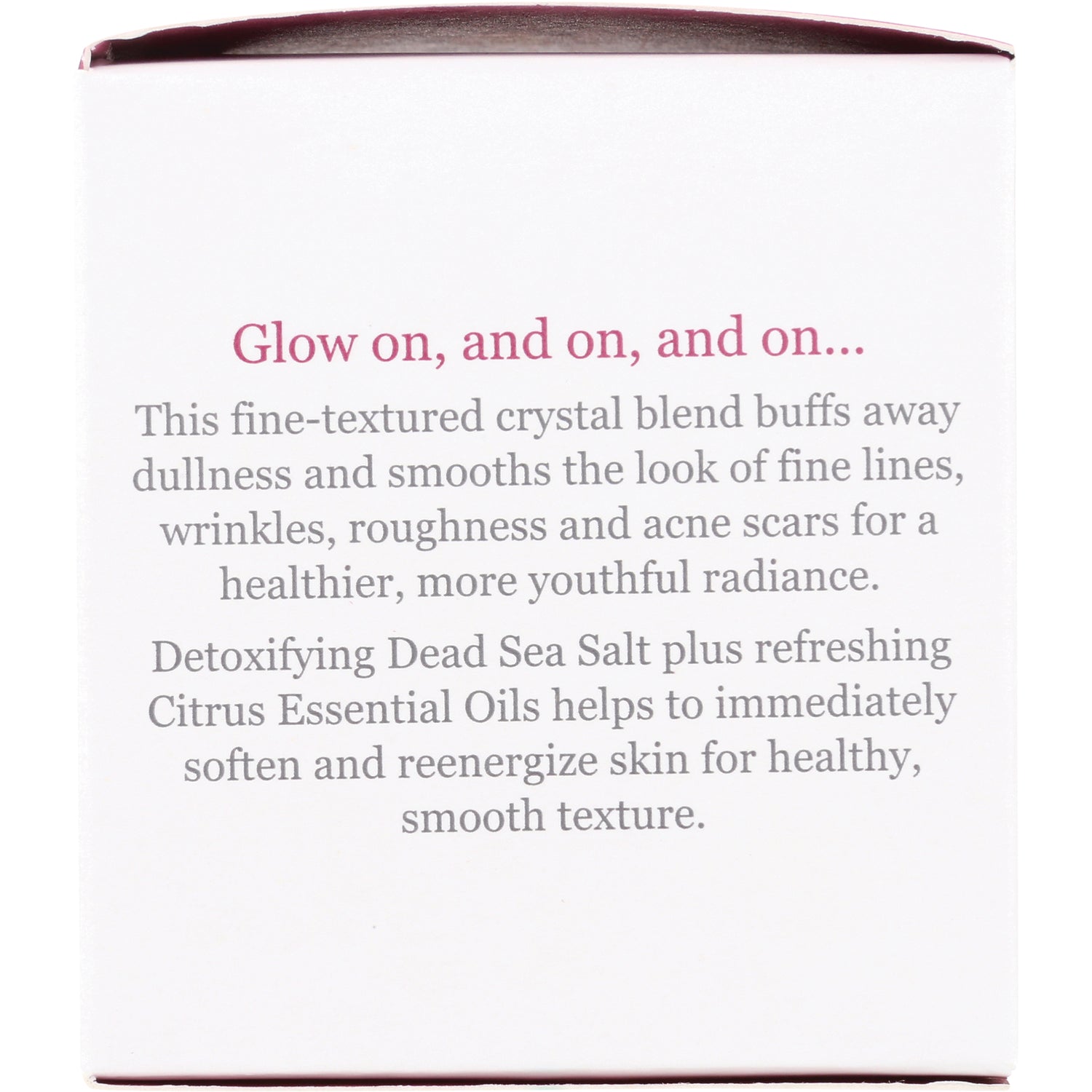 DE020 | Product infographic with heading Glow on, and on, and on... describing crystal blend with Dead Sea Salt and citrus oils to smooth and reenergize skin