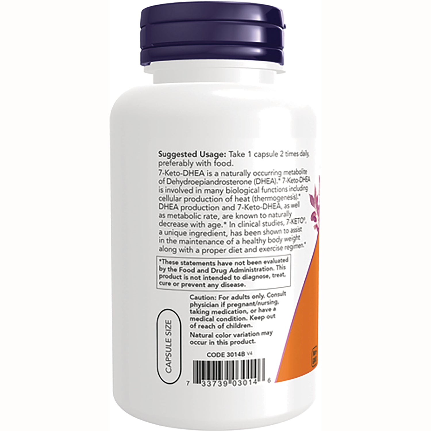 NWF1099 | Back label of white supplement bottle showing suggested usage, caution text and barcode