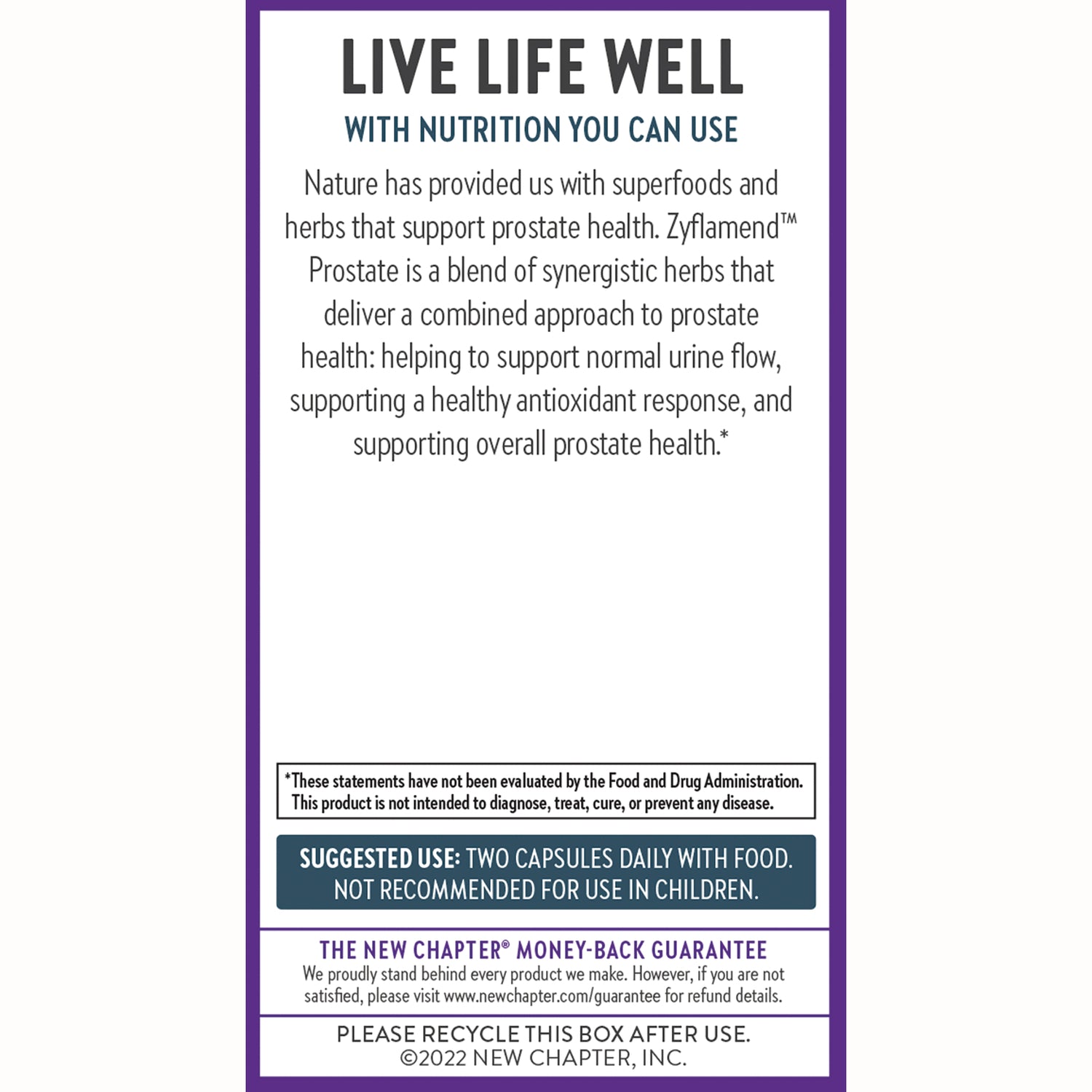 NWC276 | Back panel with product description, suggested use two capsules daily with food, money-back guarantee and recycle notice