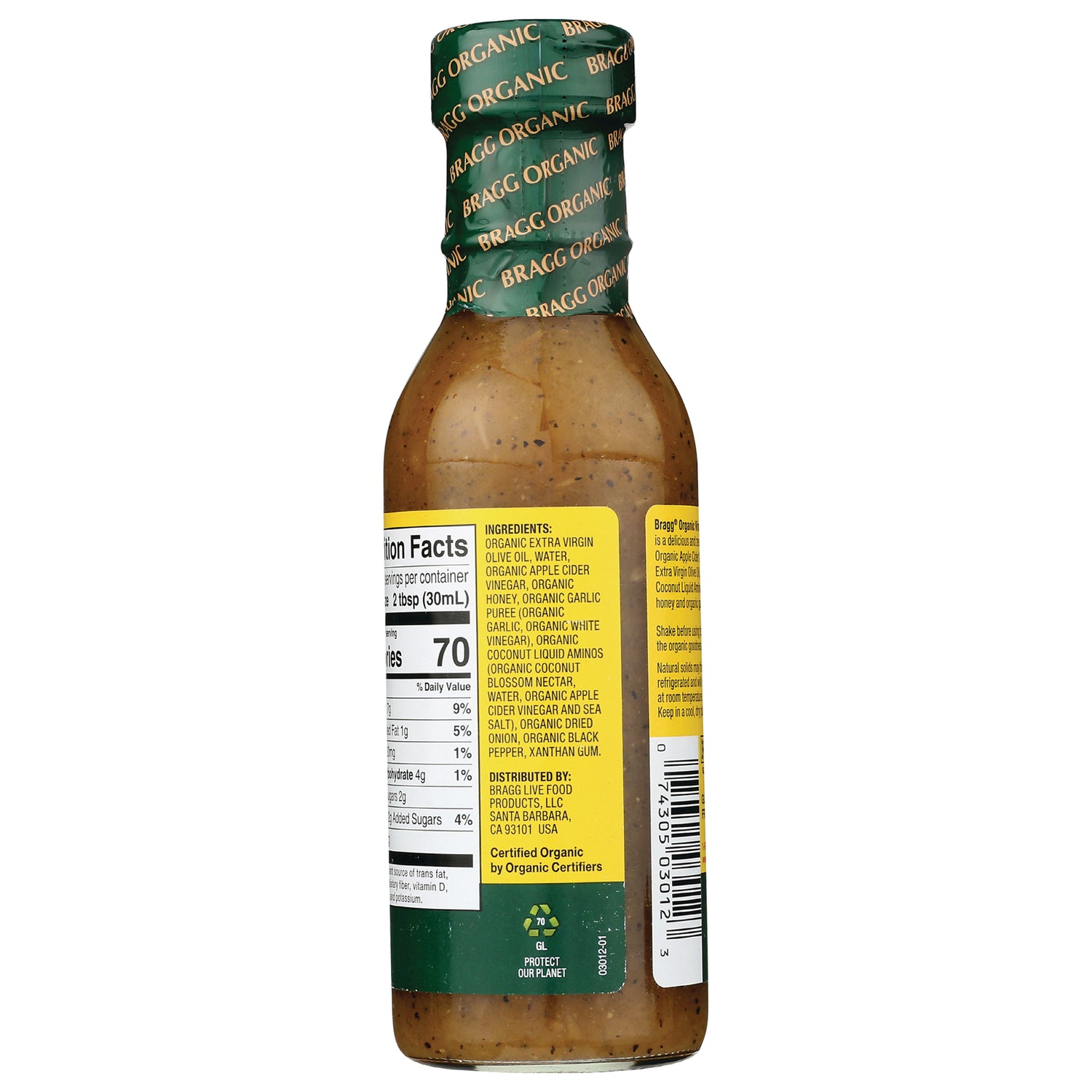 BR014 | back of glass bottle showing nutrition facts and ingredients panel, barcode and cap labeled BRAGG ORGANIC