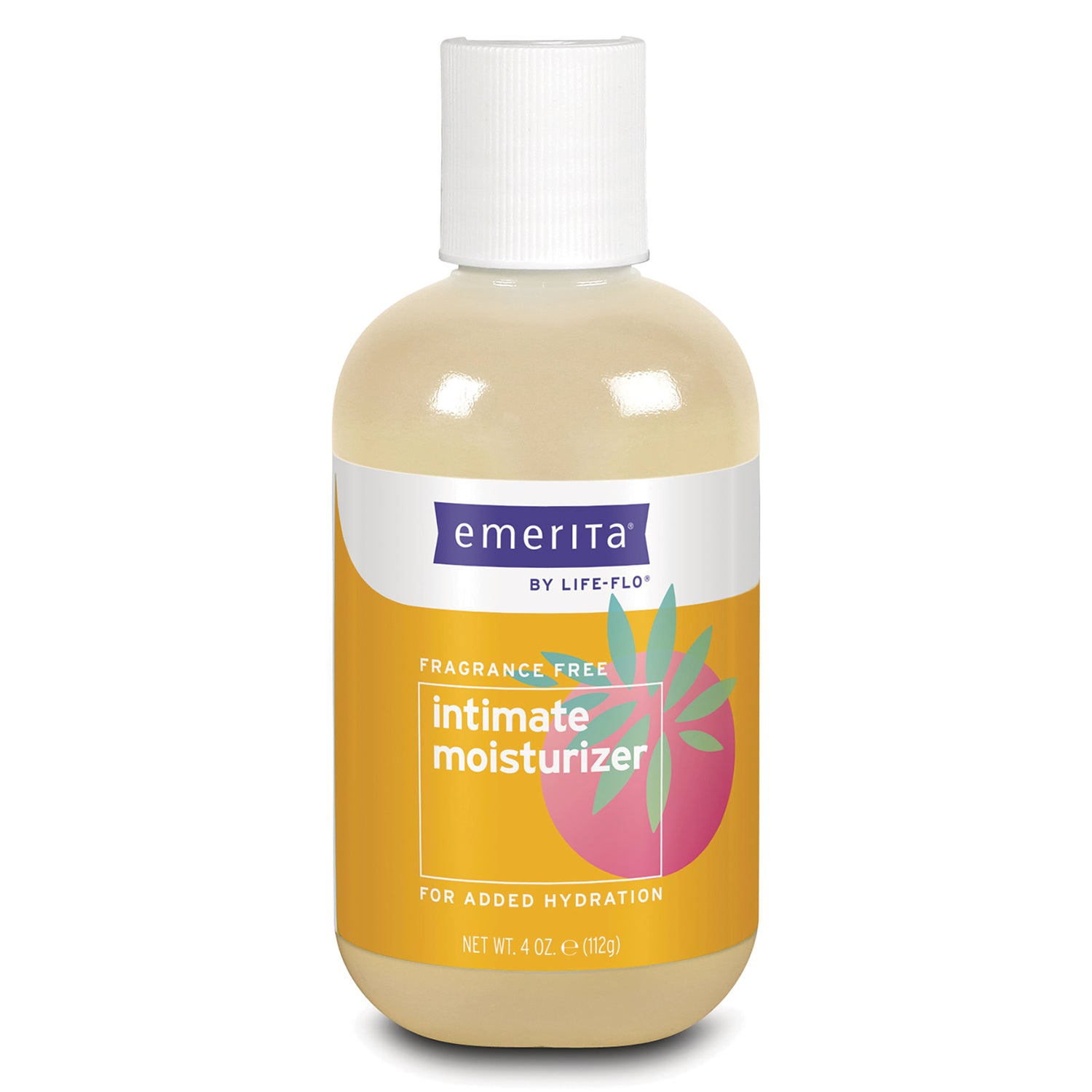 EMR031 | Emerita intimate moisturizer bottle, fragrance free, 4 oz front label showing brand name and pink fruit graphic