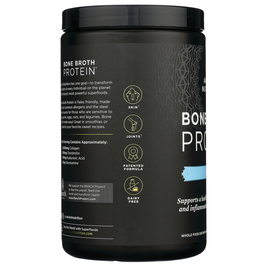 ATN002 | Side label of black Bone Broth Protein tub showing benefit icons: skin, joints, patented formula, dairy free - Thumbnail