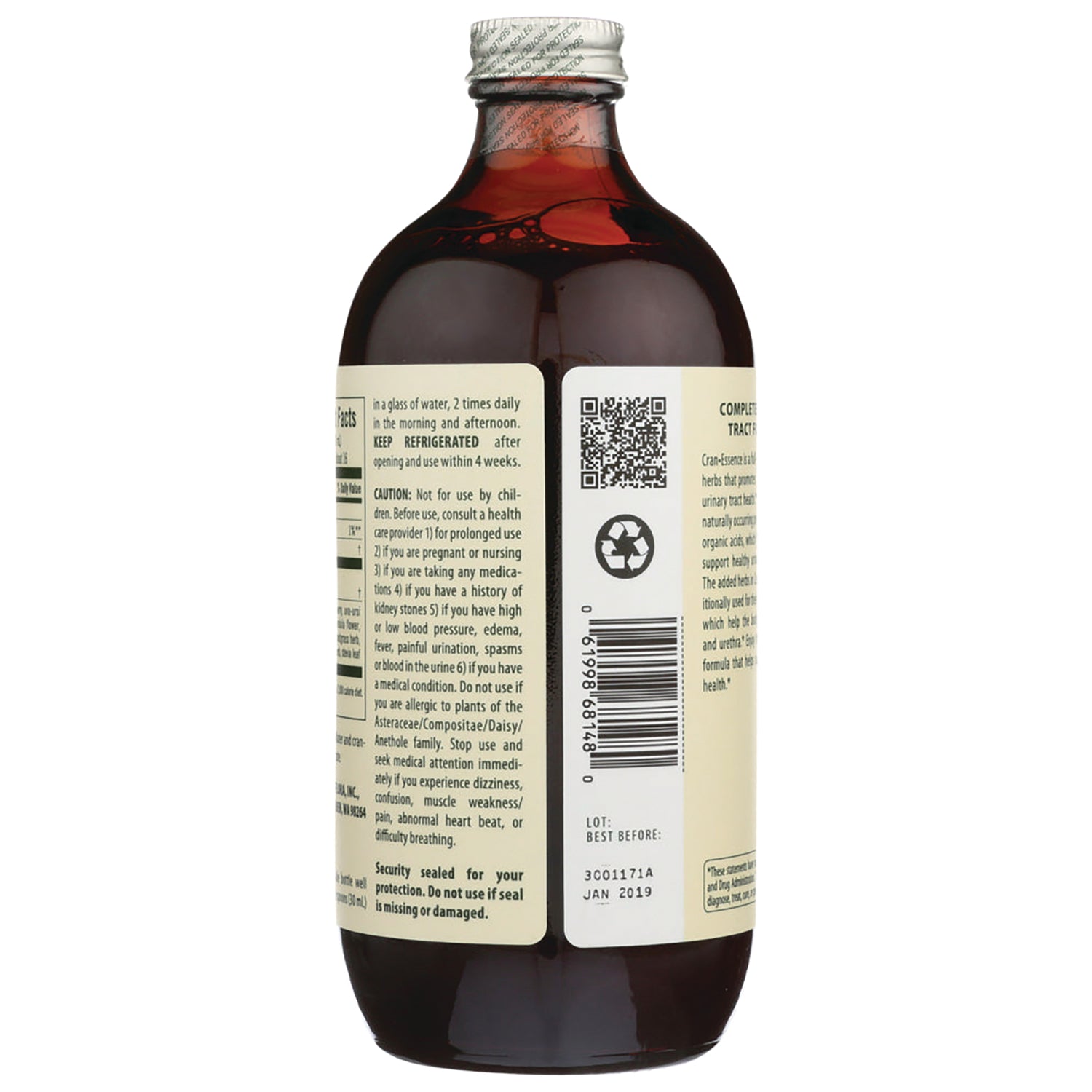 FL108 | back of brown glass bottle showing ingredients panel, barcode, QR code, and lot info