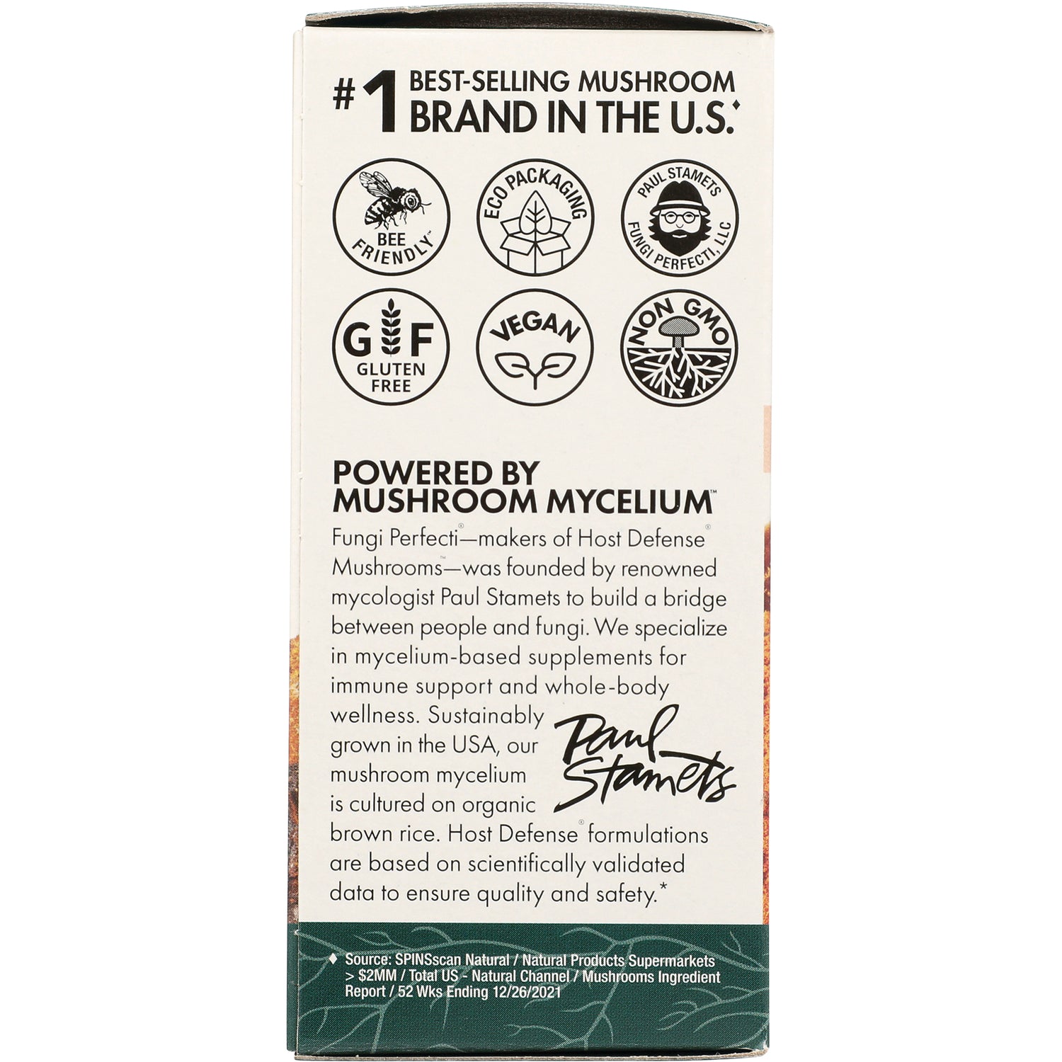 Box back showing certification icons, Powered by mushroom mycelium heading, product description and Paul Stamets signature