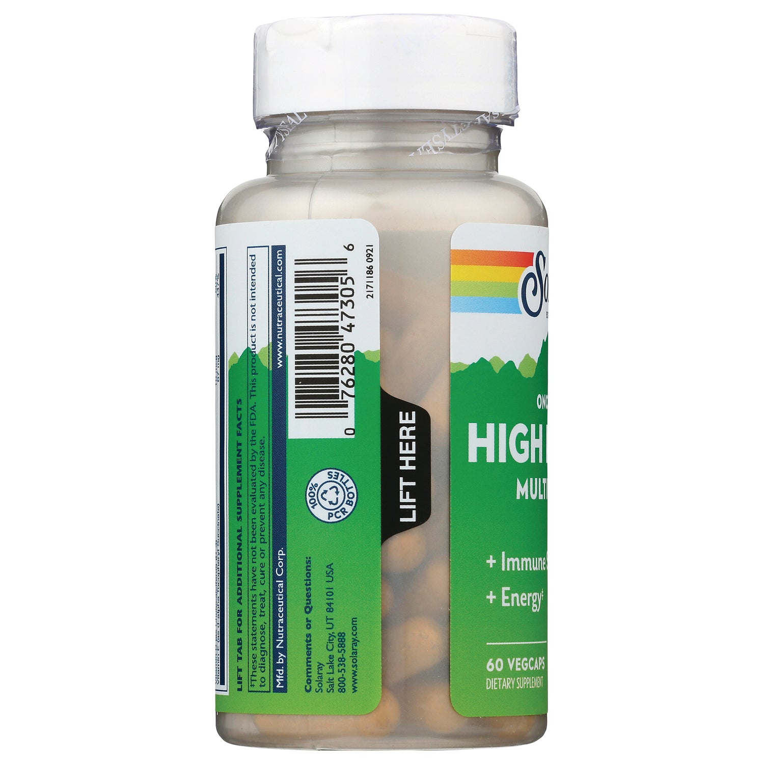 SLR364 | Side view of supplement bottle showing barcode, LIFT HERE tab and visible capsules through clear bottle