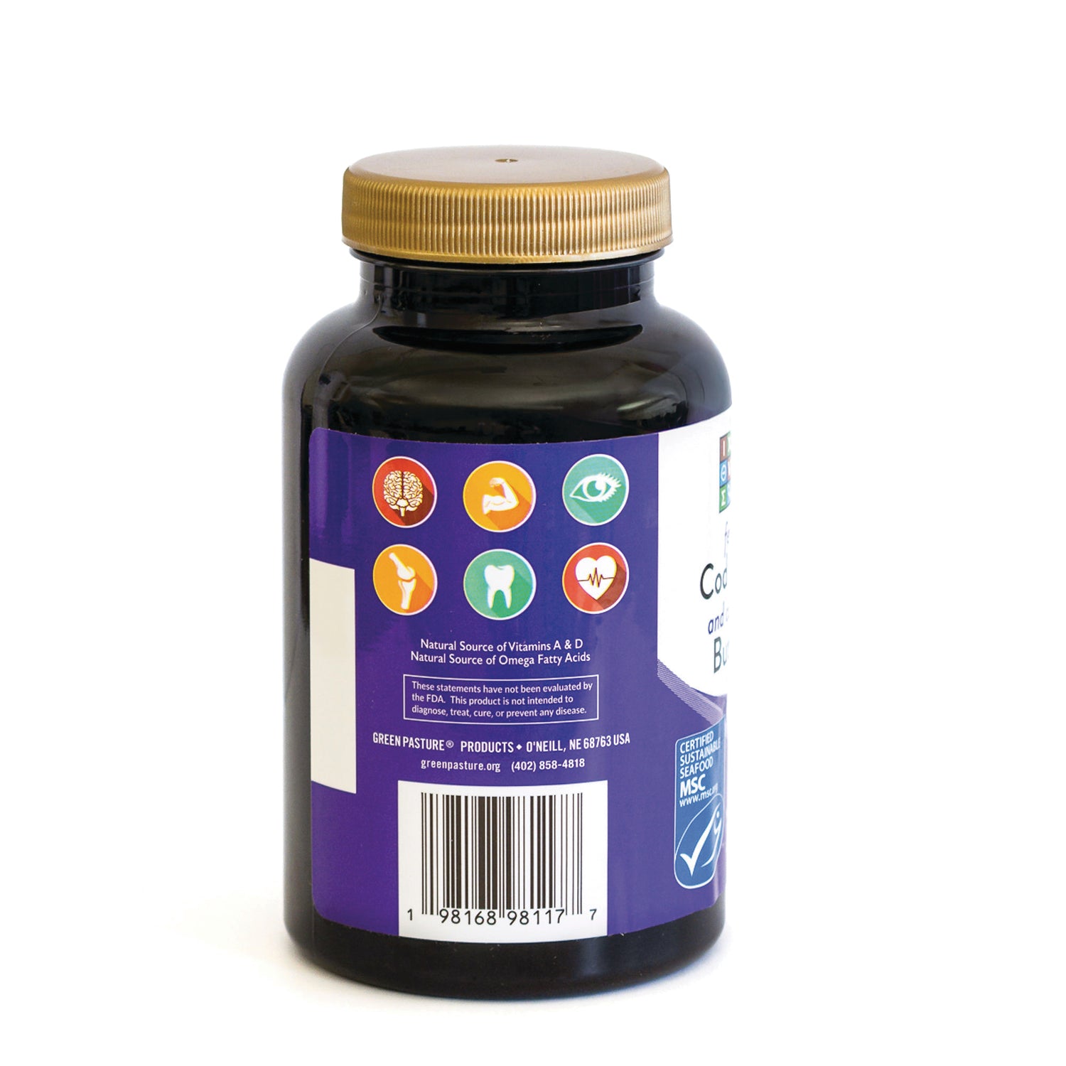 GRP015 | Back of dark supplement bottle with purple label showing nutrient icons, barcode, and gold cap