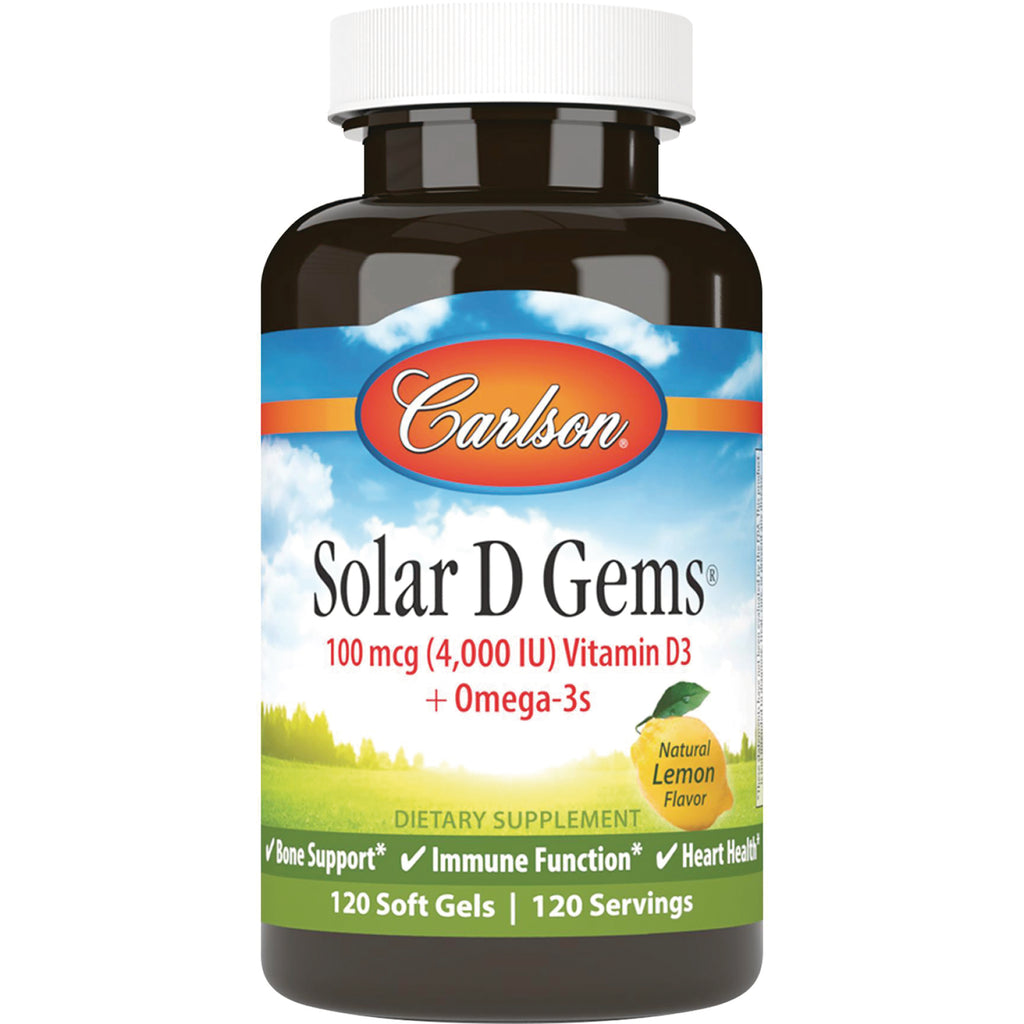 CSN027 | Carlson Solar D Gems 100 mcg (4,000 IU) Vitamin D3 with omega-3s, natural lemon flavor, 120 soft gels - Thumbnail