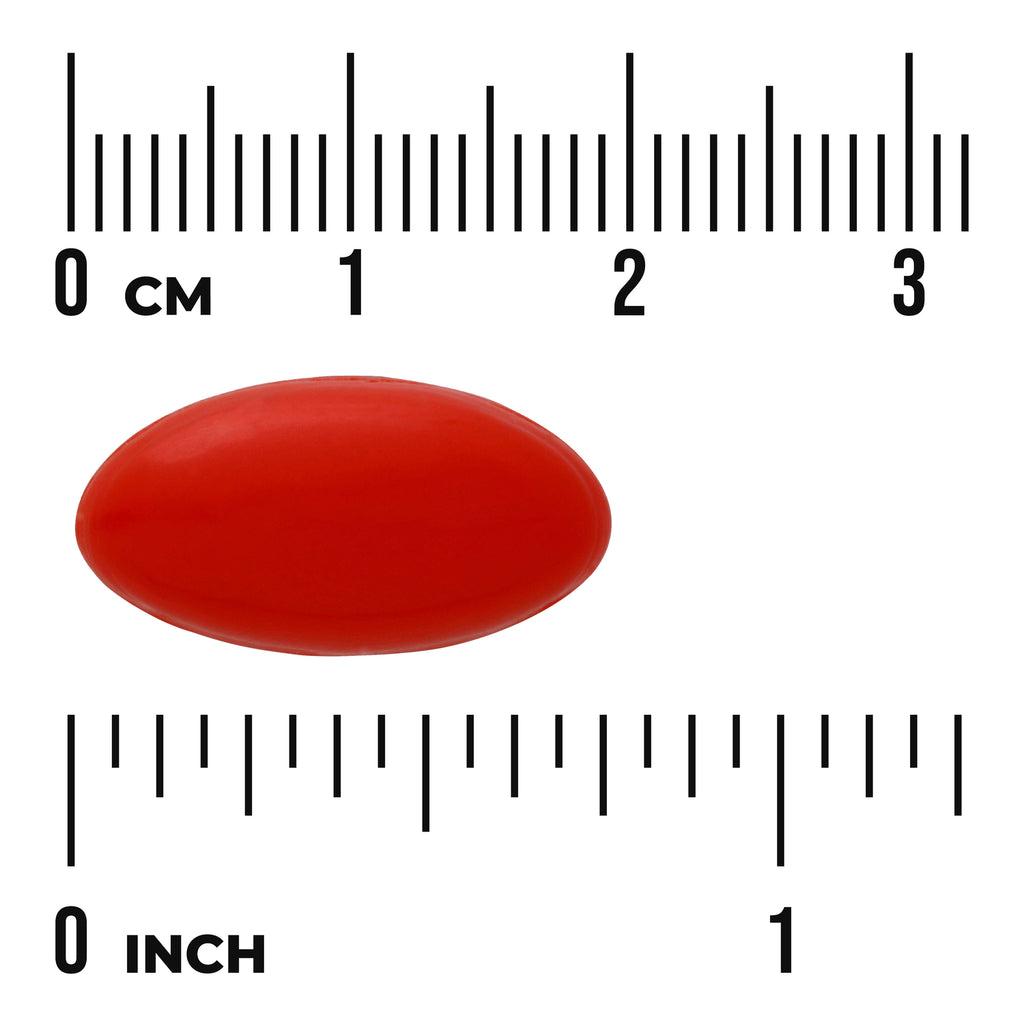 SWU560 | red oval softgel capsule centered between centimeter and inch rulers for size reference - Thumbnail