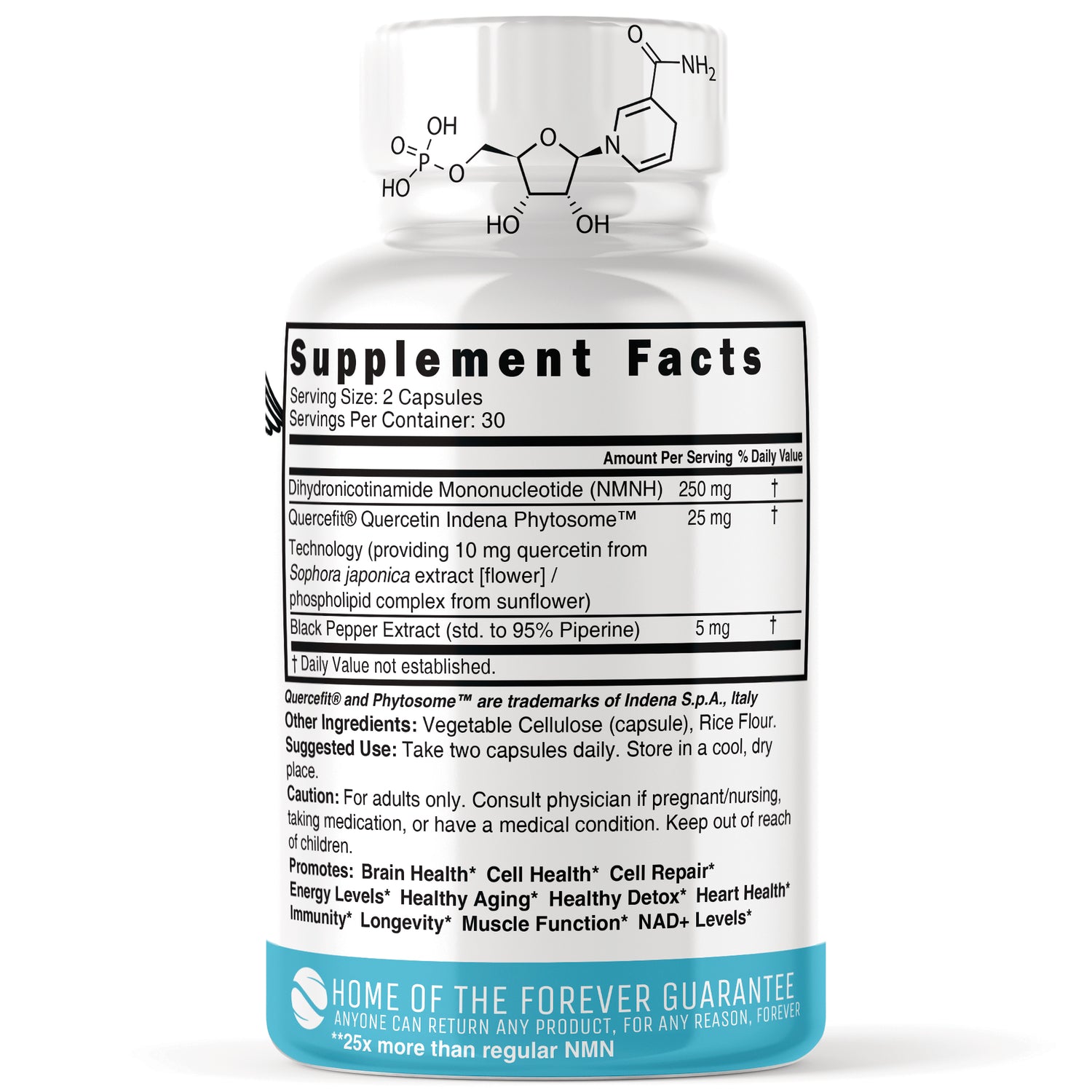 NFU010 | Back label showing Supplement Facts panel and ingredient list for NMN supplement bottle