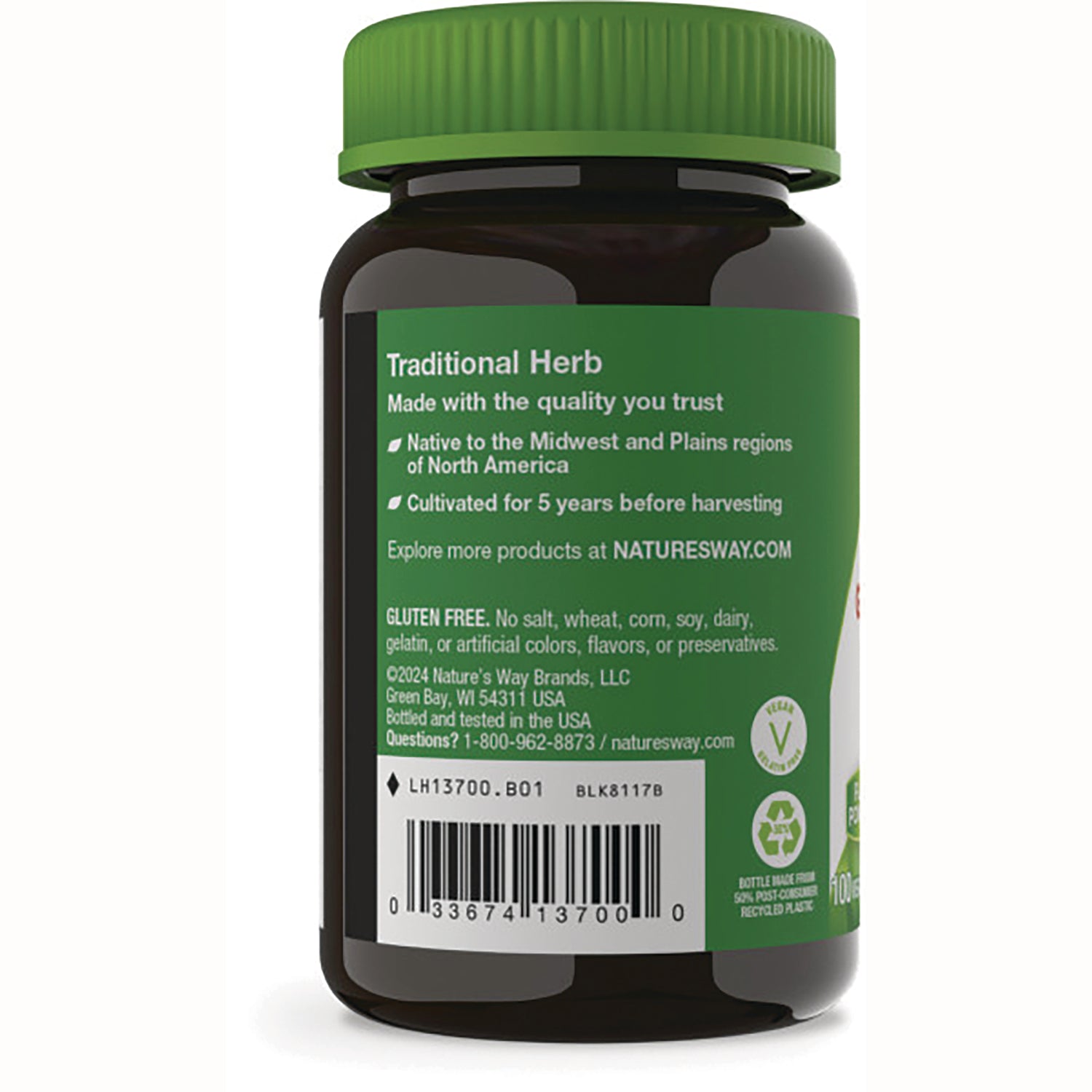 NW734 | Back of brown supplement bottle with green label reading Traditional Herb, gluten free text and barcode