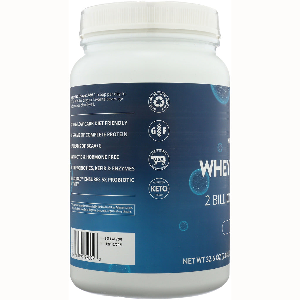 MRM004 | side label of whey protein tub with icons for KETO, GF, USA and visible text 2 BILLION probiotics - Thumbnail