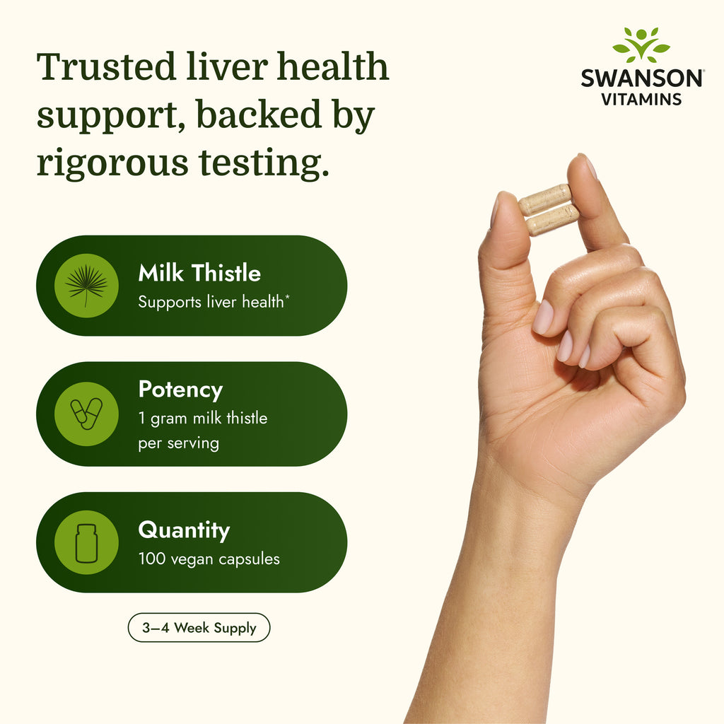 SW966 | Milk Thistle infographic with vegan capsules, 1 gram per serving, and 100 capsule count - Thumbnail