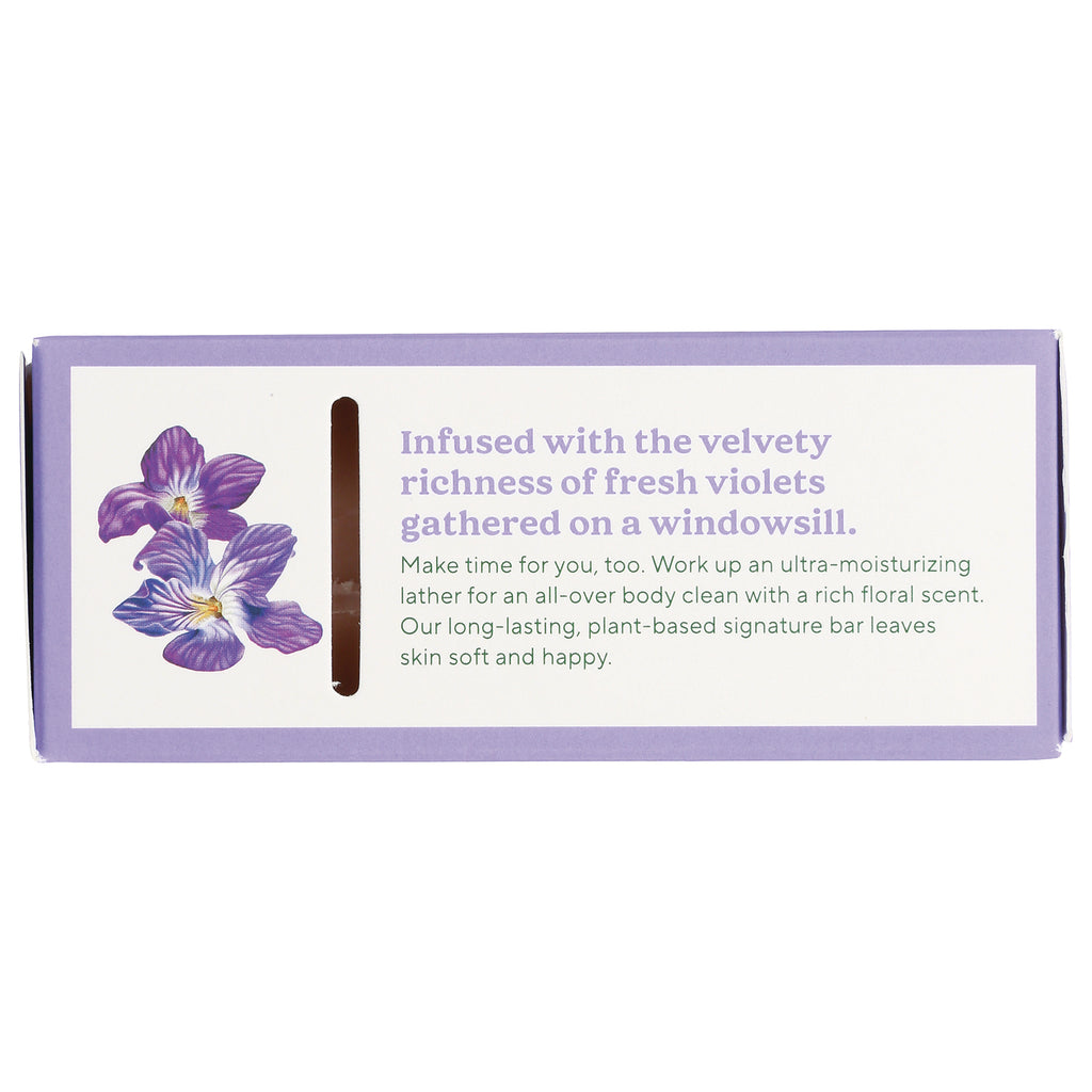 SOF017 | Back of violet-scented bar soap box showing text: 'Infused with the velvety richness of fresh violets' - Thumbnail