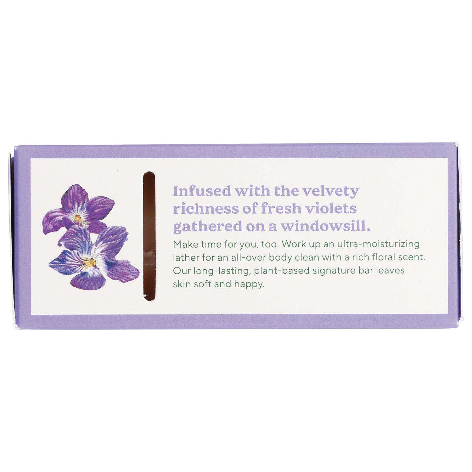 SOF017 | Back of violet-scented bar soap box showing text: 'Infused with the velvety richness of fresh violets'