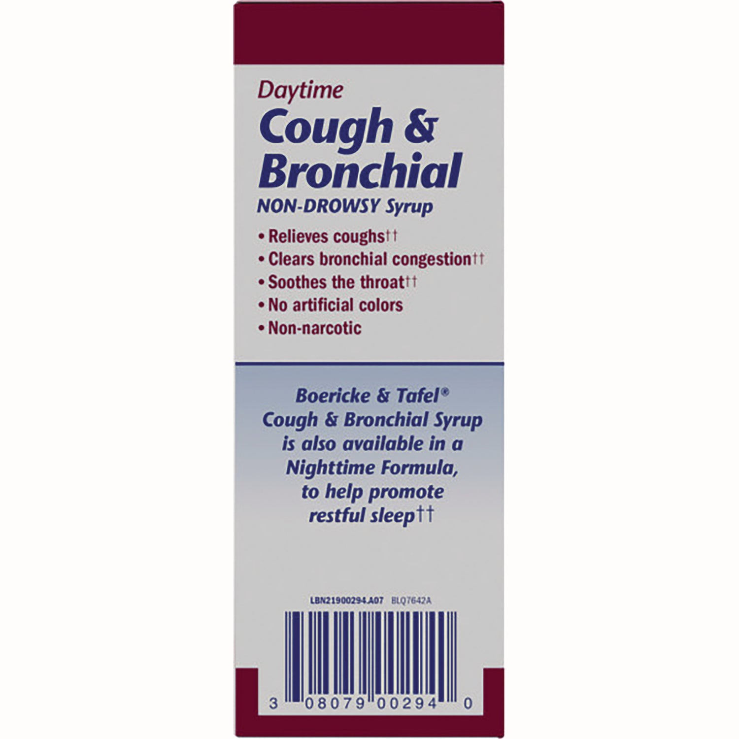 BRK050 | Product infographic for Daytime Cough & Bronchial non-drowsy syrup listing benefits, availability, and barcode