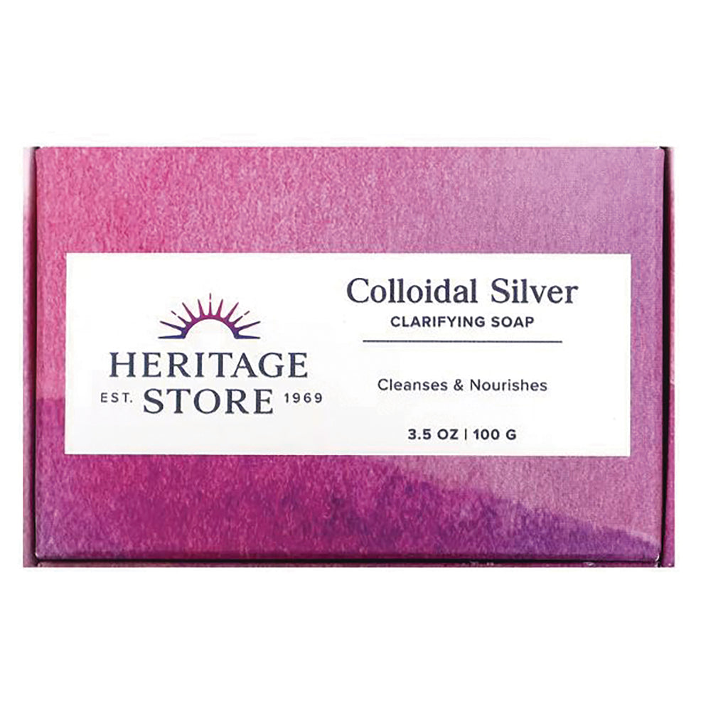 HTG020 | Purple boxed Heritage Store Colloidal Silver clarifying soap 3.5 oz packaging labeled HERITAGE STORE - Thumbnail