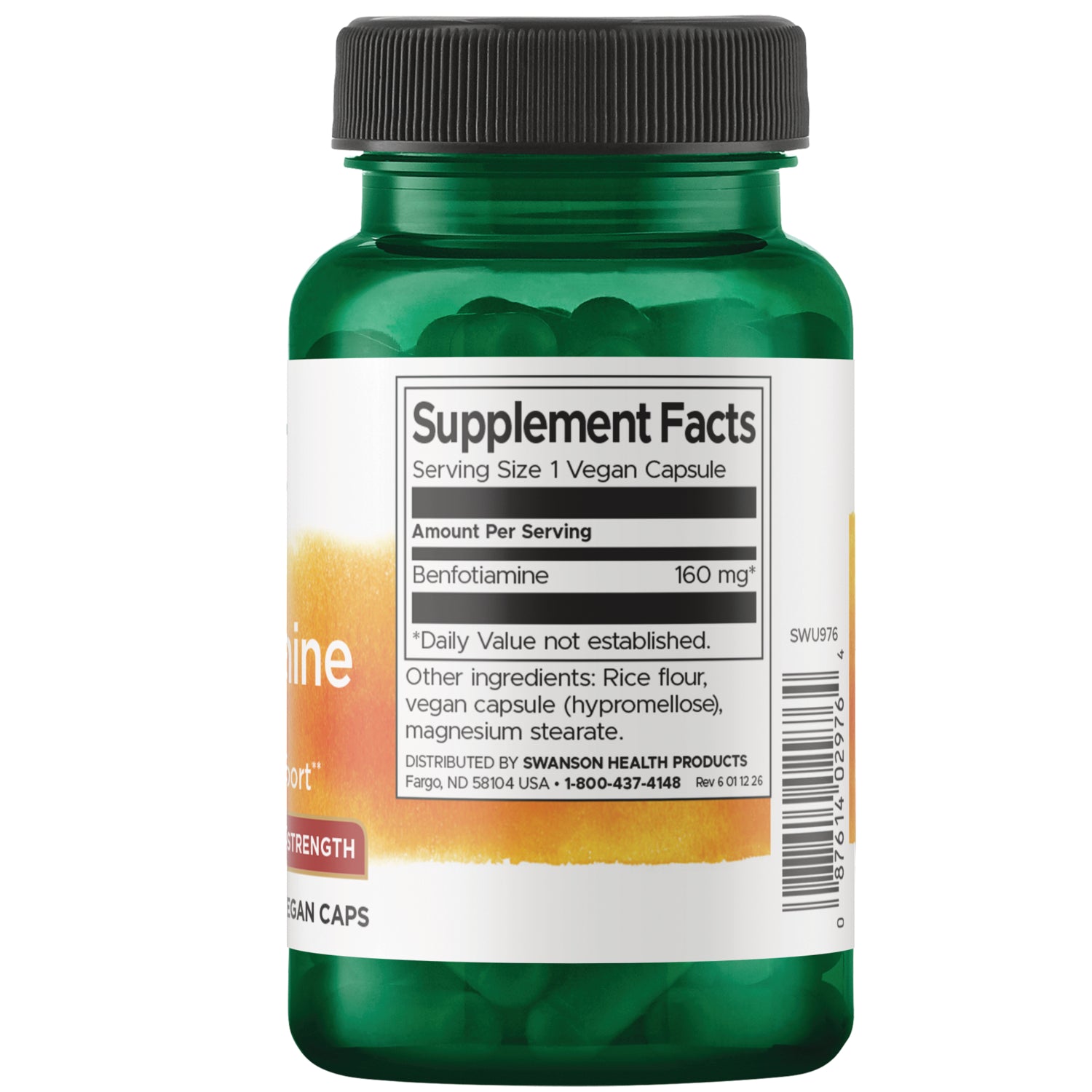 SWU976 | Back of green supplement bottle showing Supplement Facts panel listing Serving Size 1 Capsule, Benfotiamine 160 mg and other ingredients