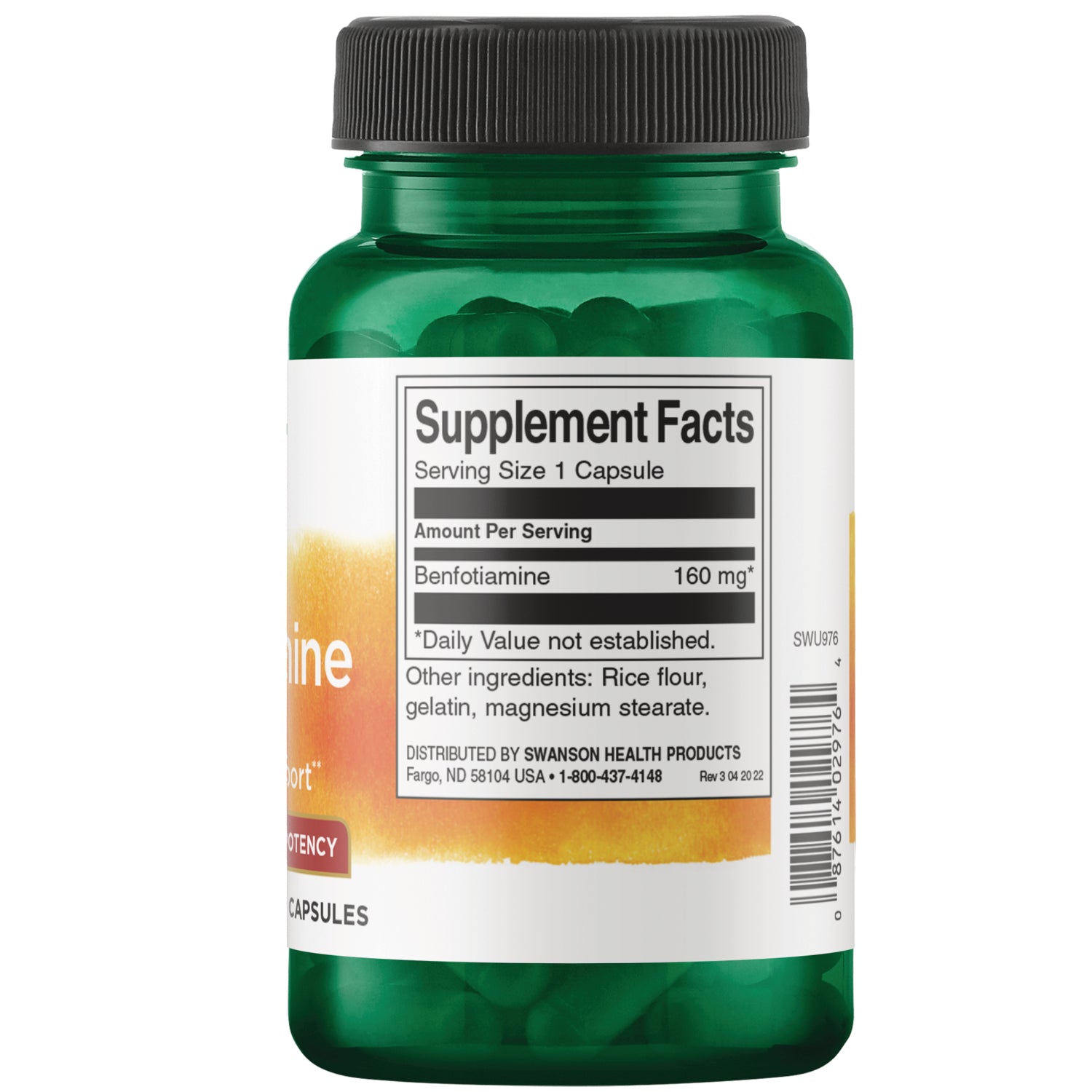 SWU976 | Back of green supplement bottle showing Supplement Facts panel listing Serving Size 1 Capsule, Benfotiamine 160 mg and other ingredients
