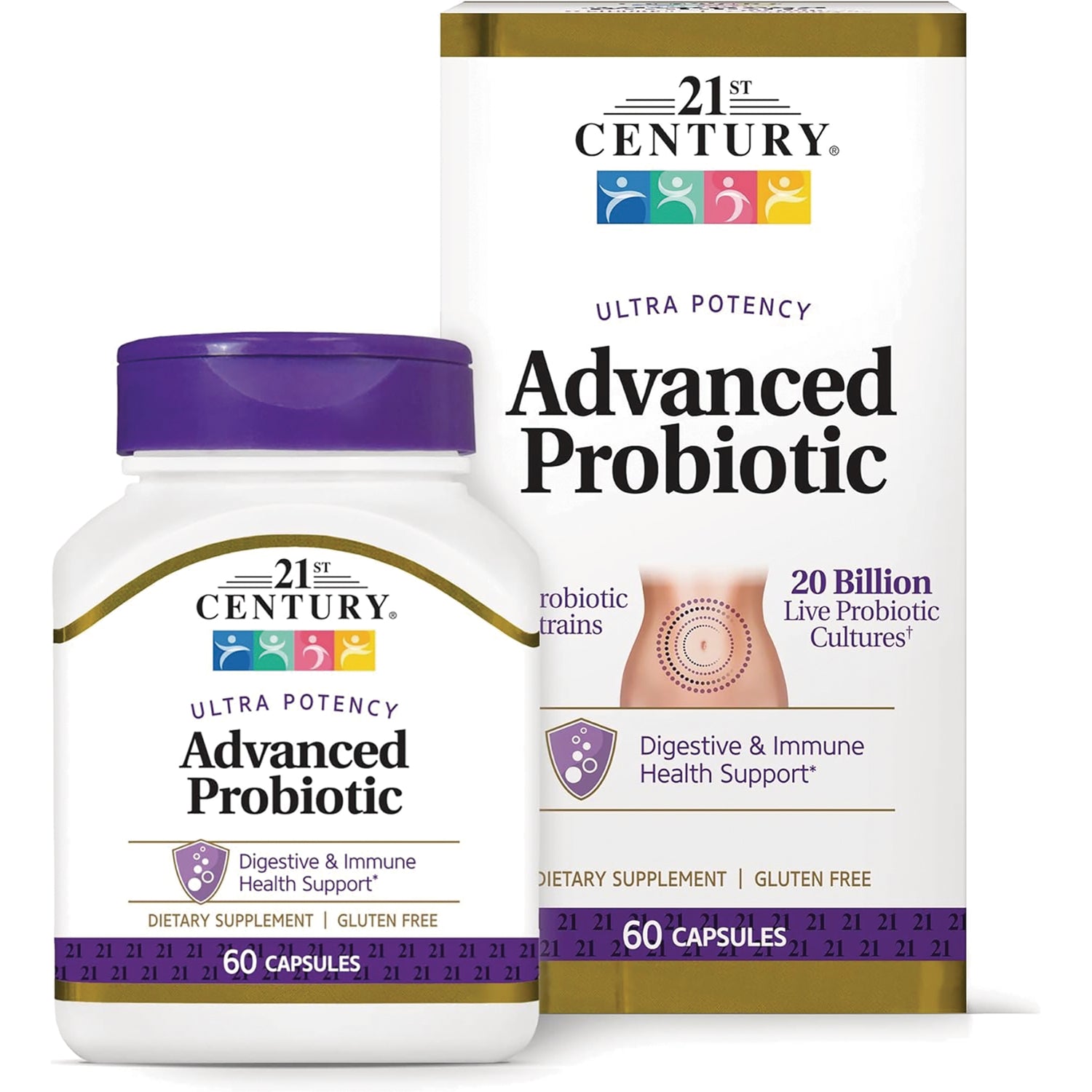 CNT285 | 21st Century Advanced Probiotic 60 capsules bottle and box with purple cap, digestive and immune health support