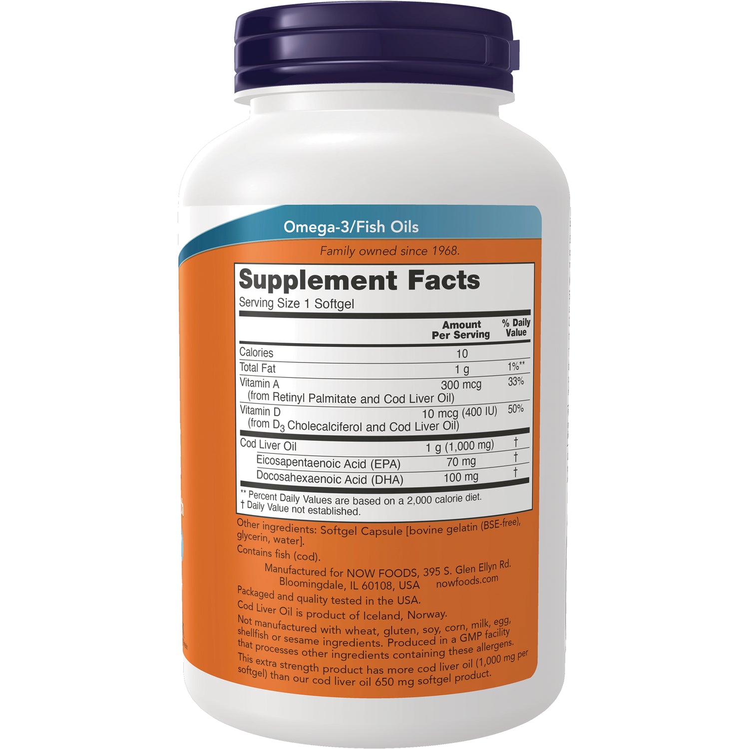 NWF1430 | Back of white supplement bottle showing Supplement Facts for Omega-3/Fish Oils, serving size 1 softgel, EPA 70 mg, DHA 100 mg