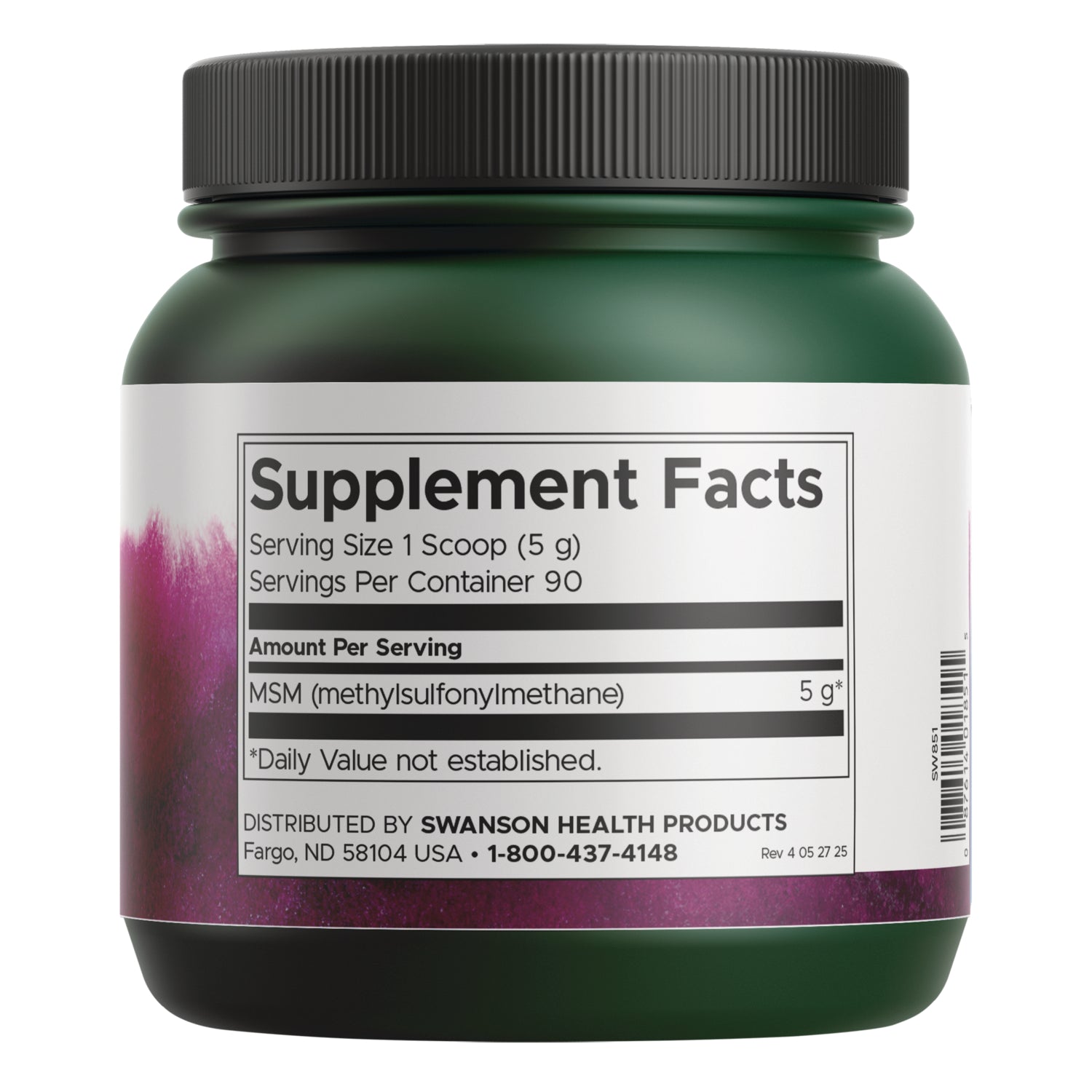 SW851 | Back label with supplement facts and serving information