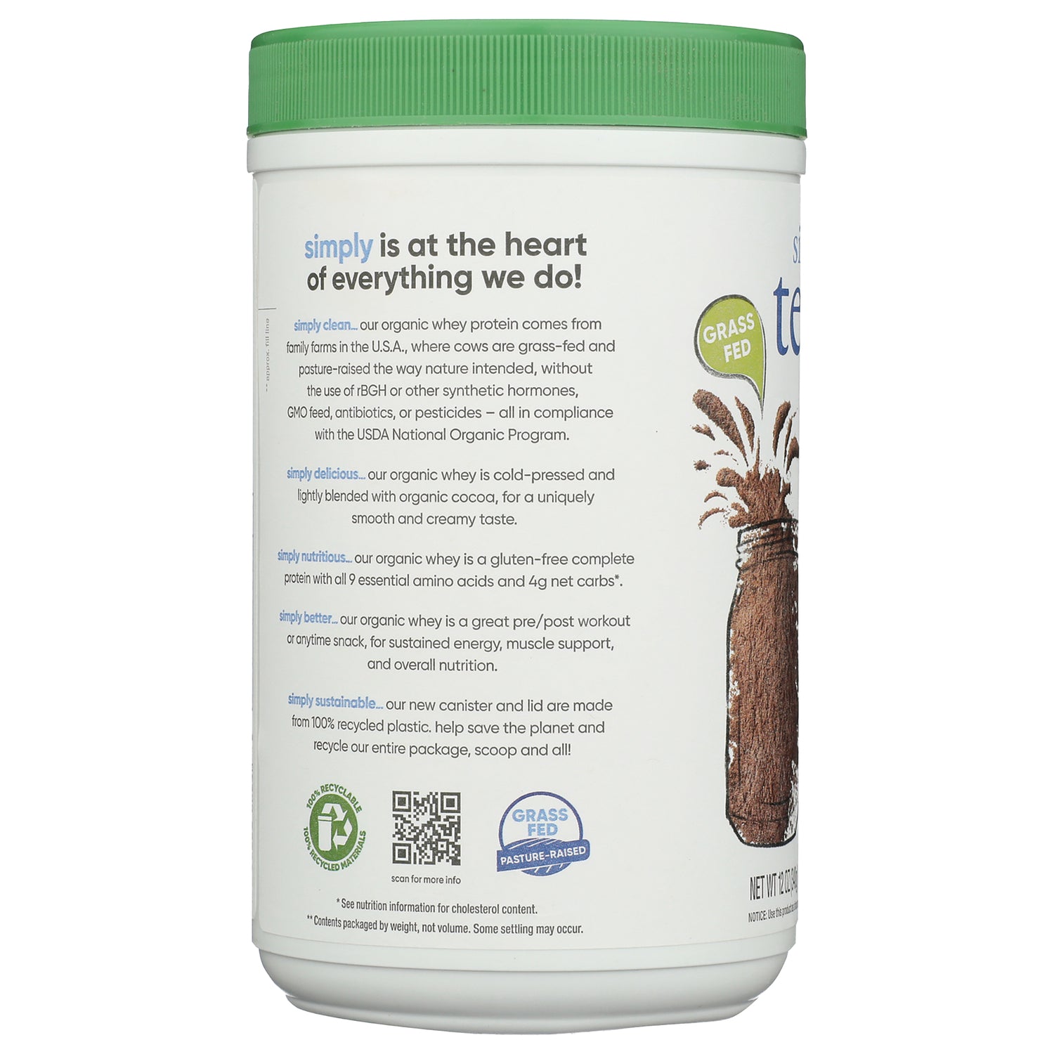 TER009 | Side panel lists Simply Clean, Delicious, Nutritious, Better, Sustainable with Grass Fed Pasture-Raised badge and QR code