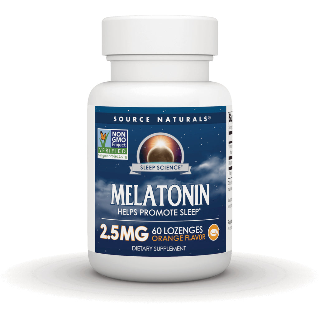 SN123 | Source Naturals Melatonin bottle, 2.5MG 60 orange flavor lozenges, front label - Thumbnail