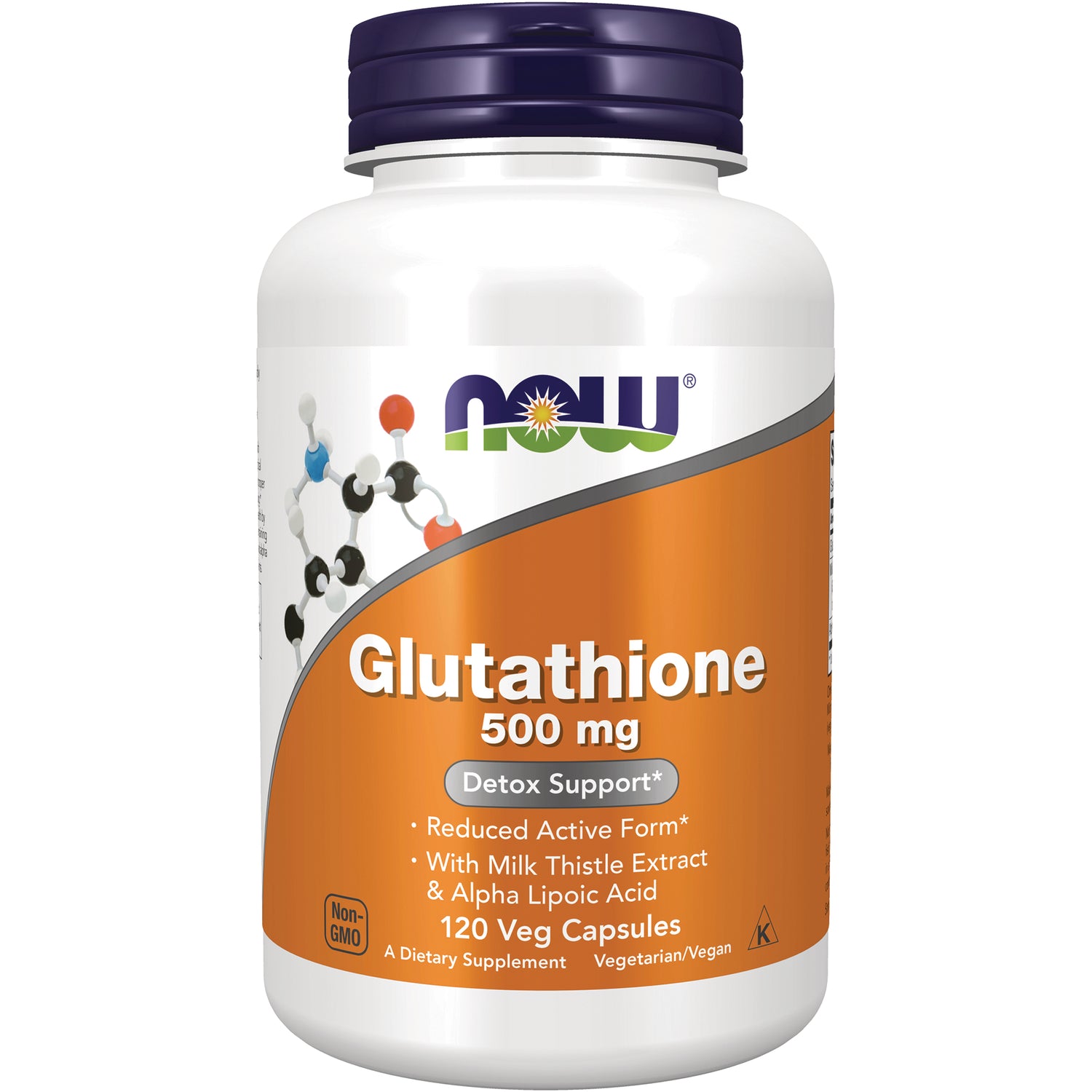 NWF1447 | NOW Glutathione 500 mg white bottle with orange label, 120 Veg Capsules, front view