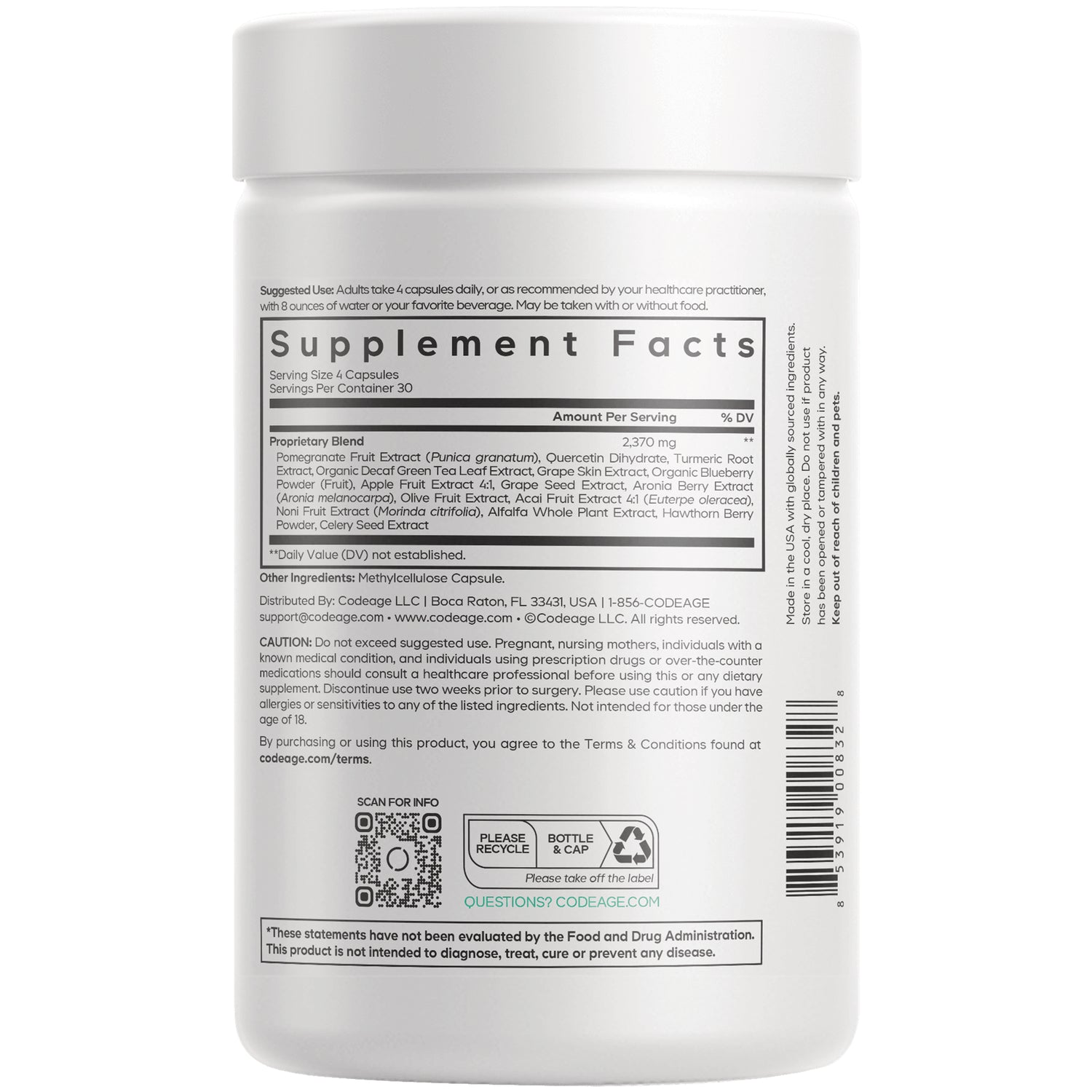 CDG054 | back of white supplement bottle showing Supplement Facts panel, ingredients and barcode