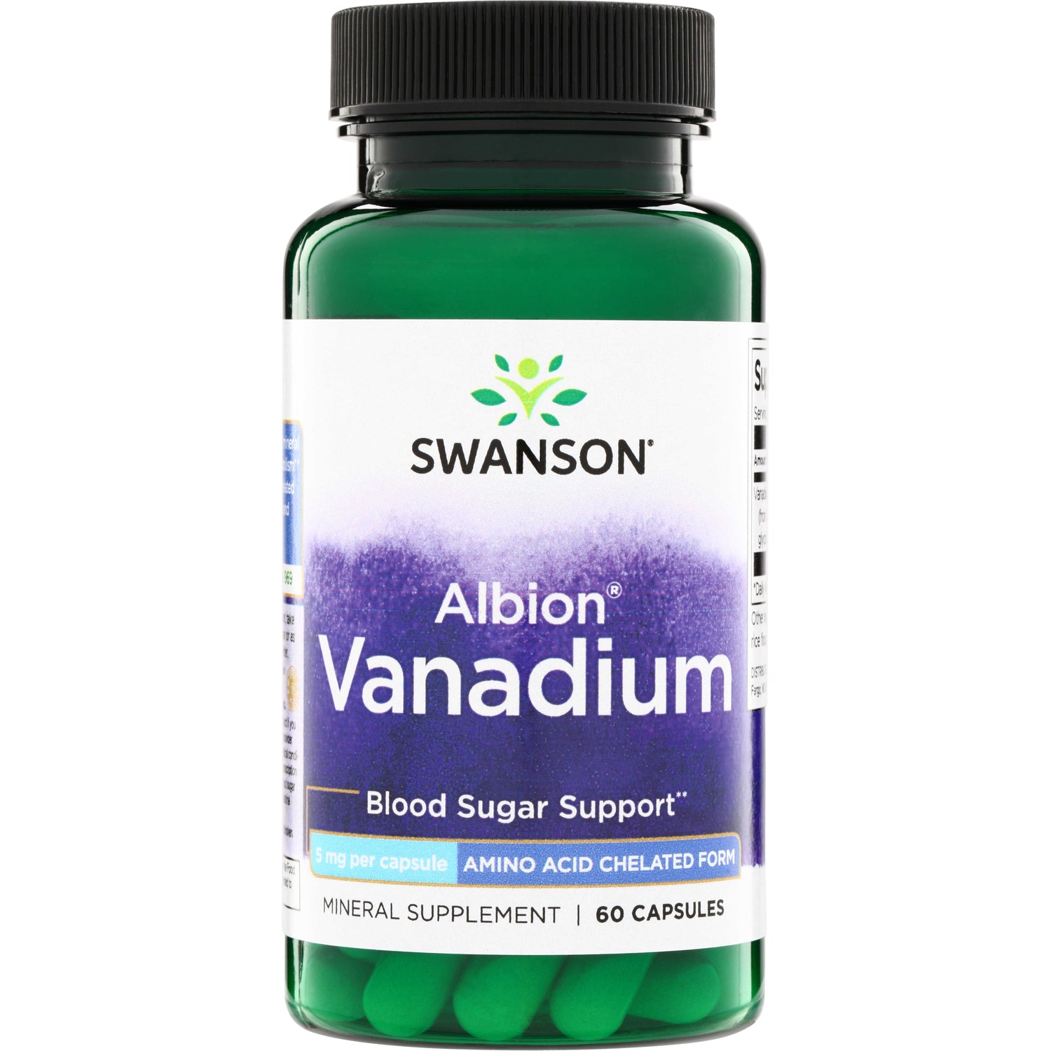 SWU101 | Swanson Albion Vanadium bottle, Blood Sugar Support, 5 mg per capsule, amino acid chelated, 60 capsules