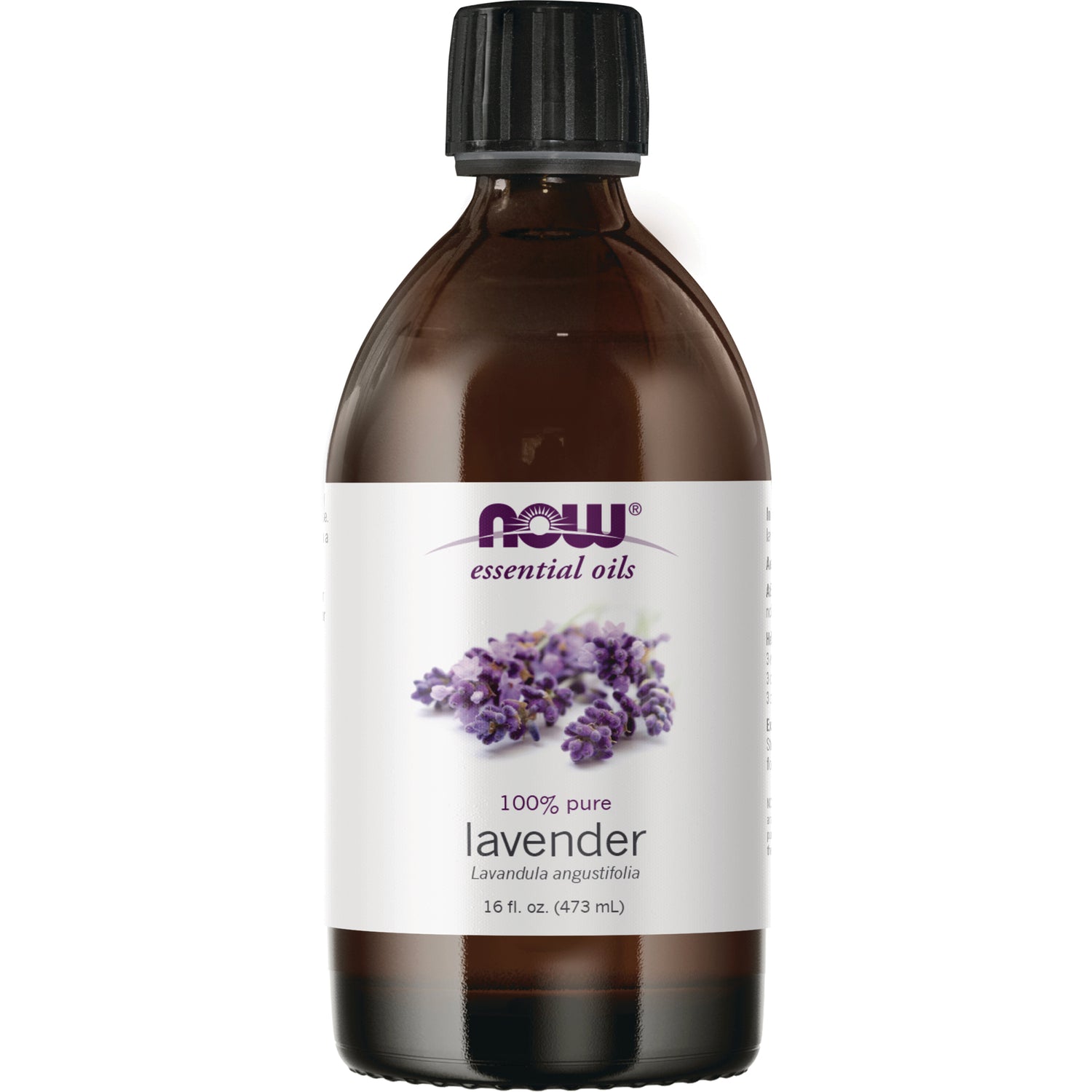NWF487 | NOW essential oils lavender 16 fl oz amber bottle with white label and lavender sprigs