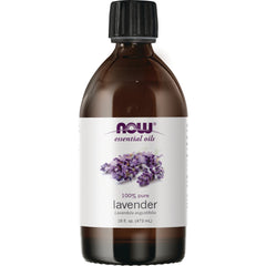 NWF487 | NOW essential oils lavender 16 fl oz amber bottle with white label and lavender sprigs