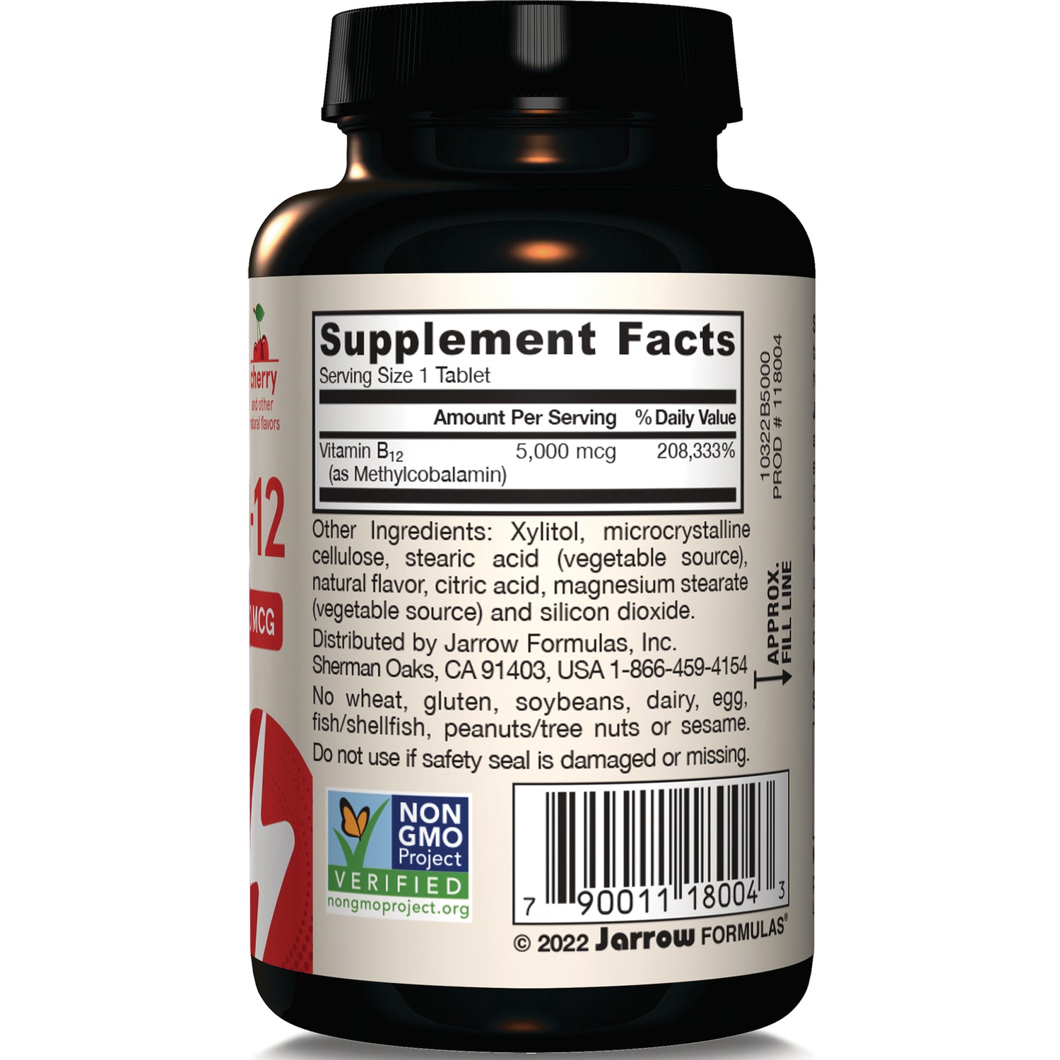 JR030 | Back label showing Supplement Facts panel, ingredients list, barcode and NON GMO Project Verified seal on bottle